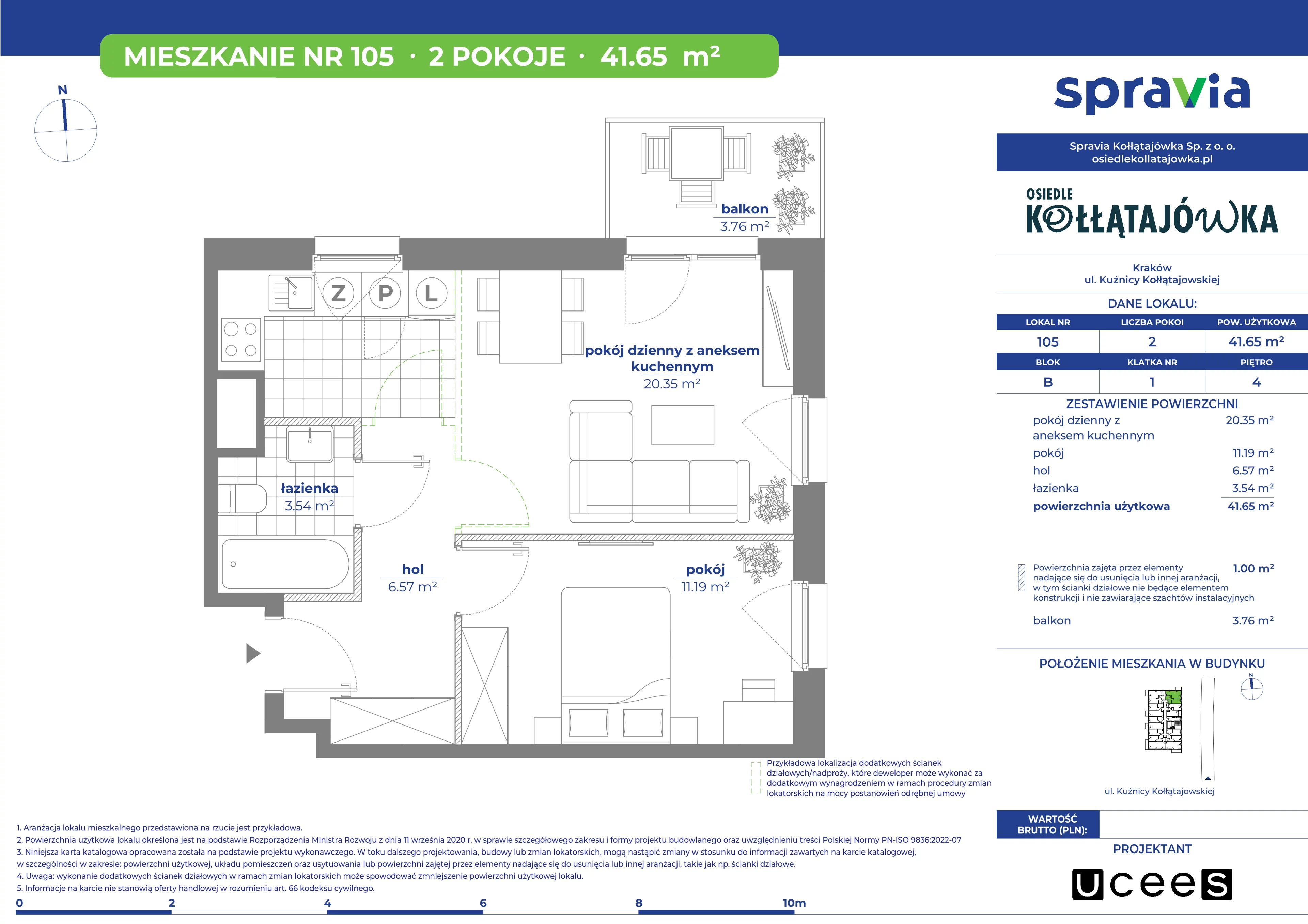 2 pokoje, mieszkanie 41,65 m², piętro 4, oferta nr B/105, Osiedle Kołłątajówka, Kraków, Prądnik Biały, Górka Narodowa, ul. Kuźnicy Kołłątajowskiej