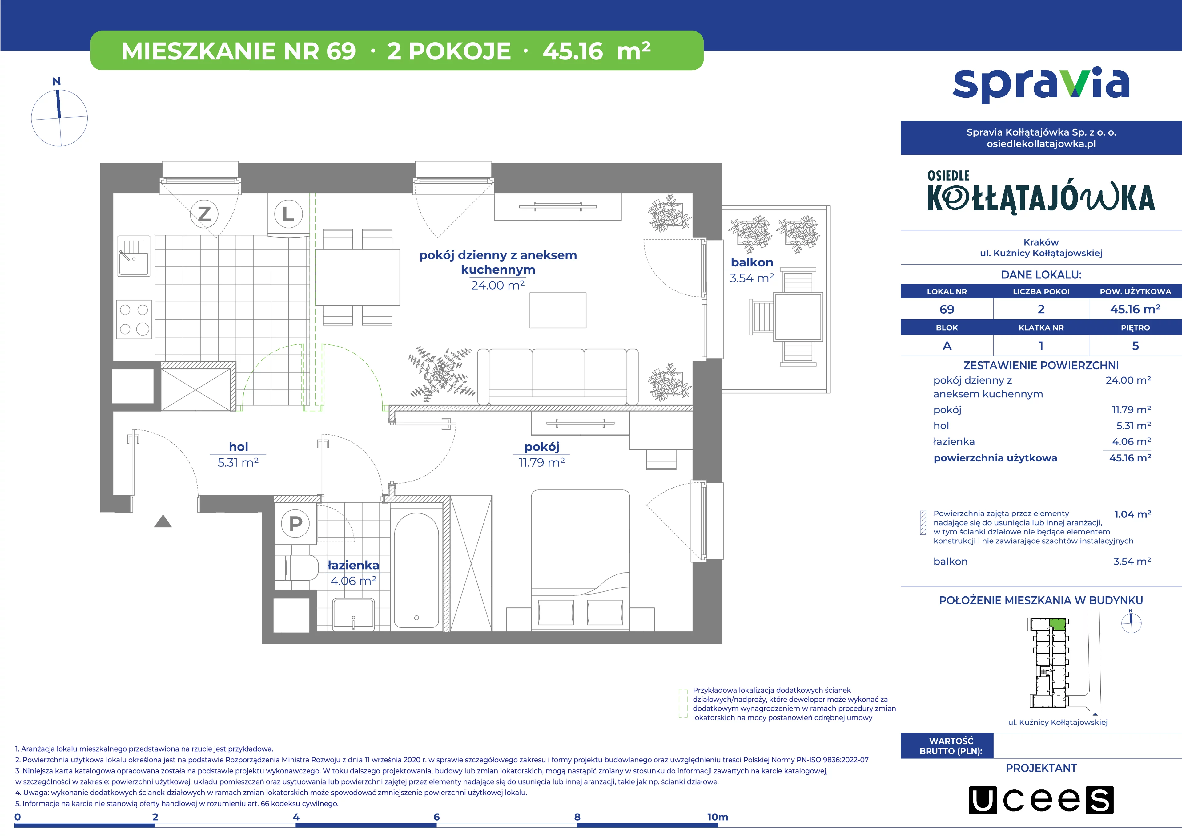 2 pokoje, mieszkanie 45,16 m², piętro 5, oferta nr A/69, Osiedle Kołłątajówka, Kraków, Prądnik Biały, Górka Narodowa, ul. Kuźnicy Kołłątajowskiej