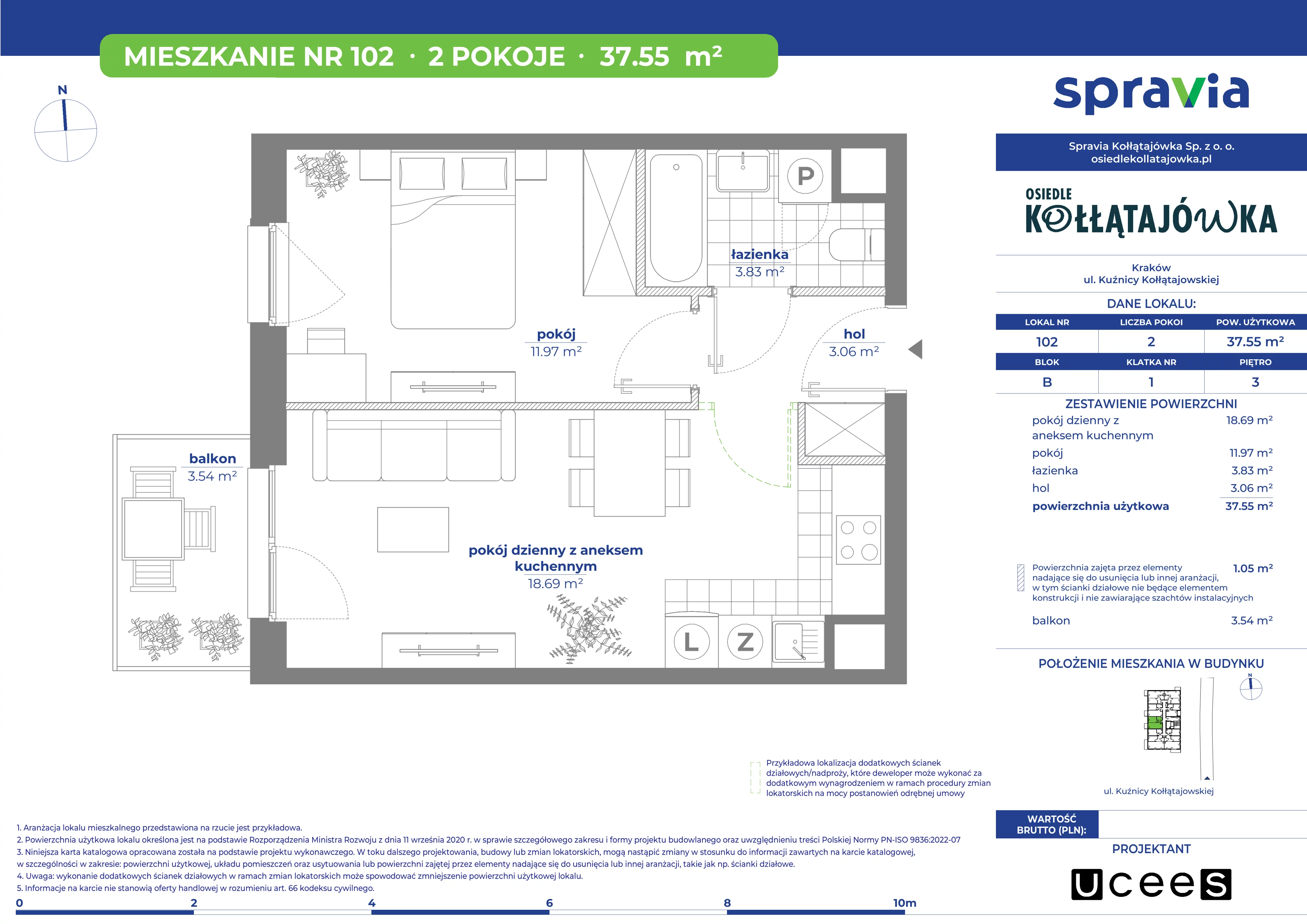 2 pokoje, mieszkanie 37,55 m², piętro 3, oferta nr B/102, Osiedle Kołłątajówka, Kraków, Prądnik Biały, Górka Narodowa, ul. Kuźnicy Kołłątajowskiej