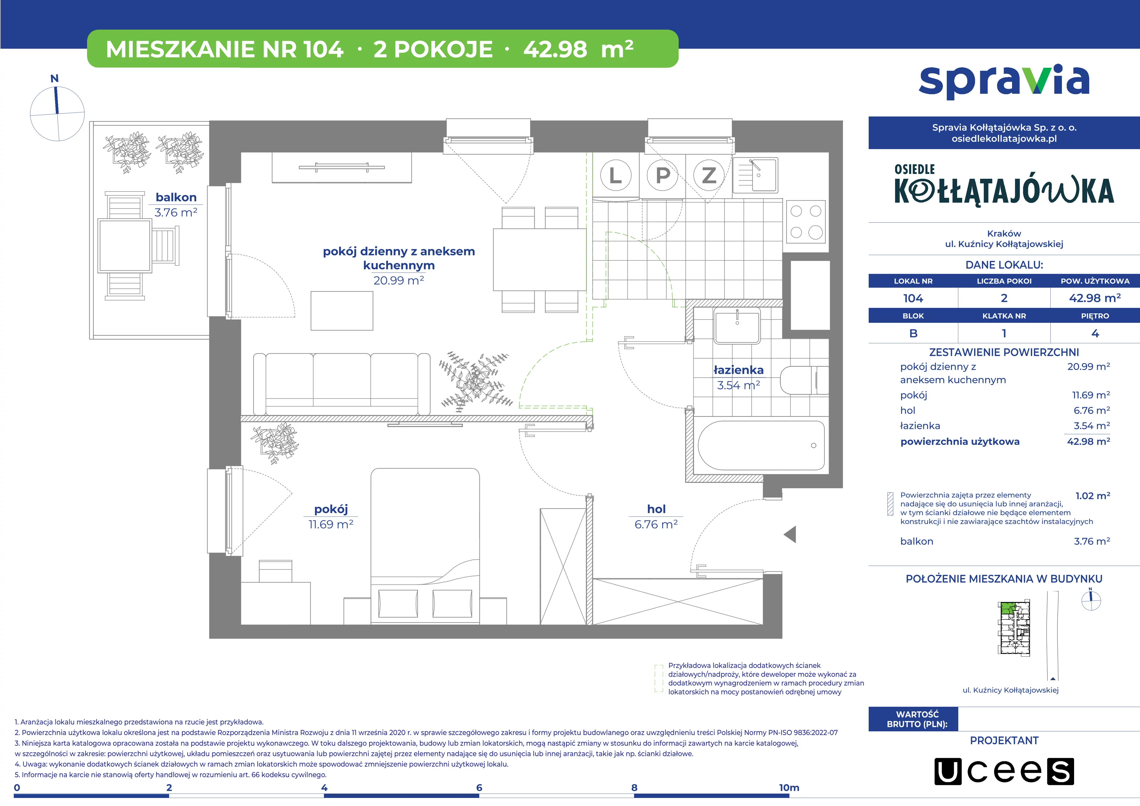 2 pokoje, mieszkanie 42,98 m², piętro 4, oferta nr B/104, Osiedle Kołłątajówka, Kraków, Prądnik Biały, Górka Narodowa, ul. Kuźnicy Kołłątajowskiej