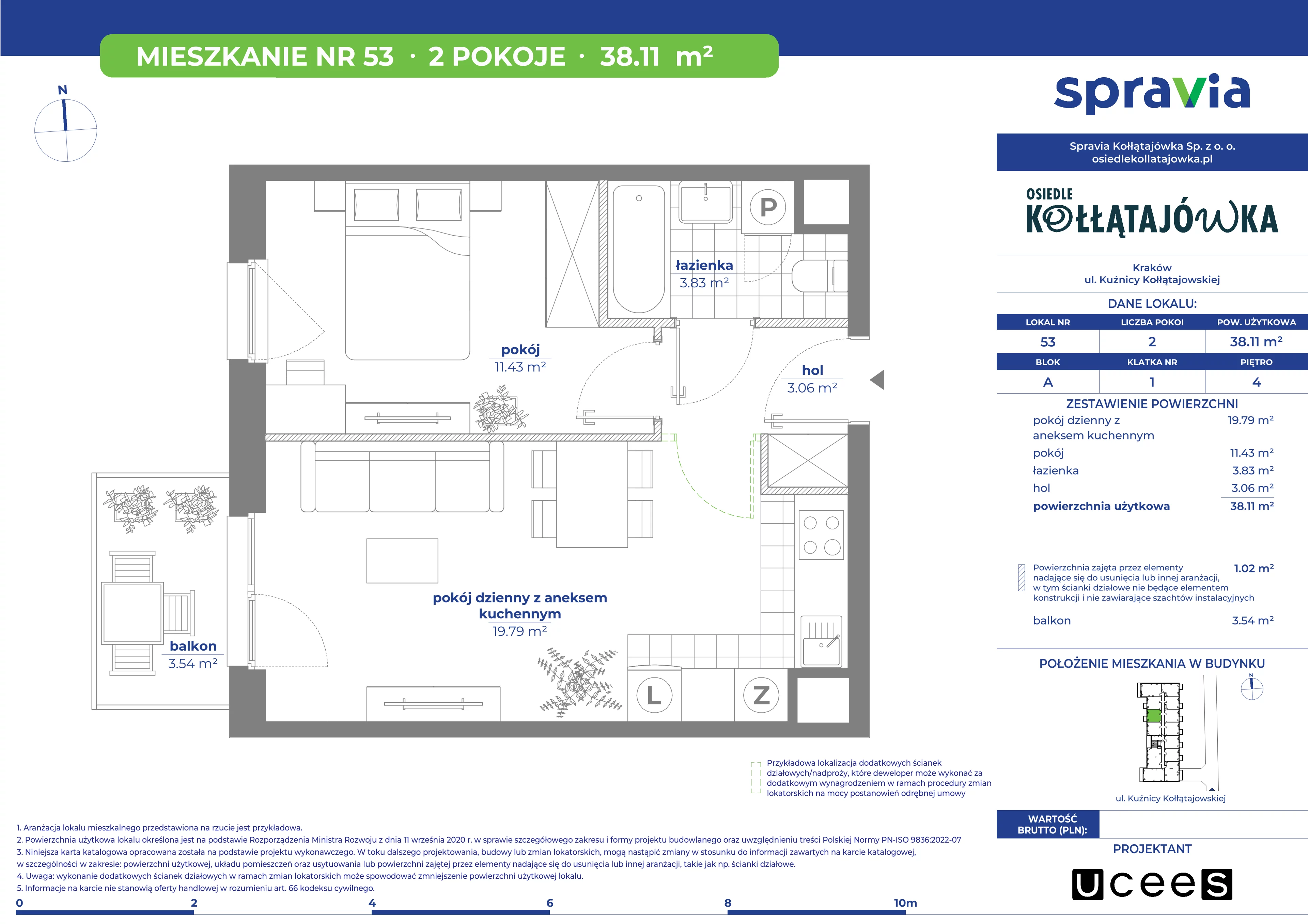 2 pokoje, mieszkanie 38,11 m², piętro 4, oferta nr A/53, Osiedle Kołłątajówka, Kraków, Prądnik Biały, Górka Narodowa, ul. Kuźnicy Kołłątajowskiej