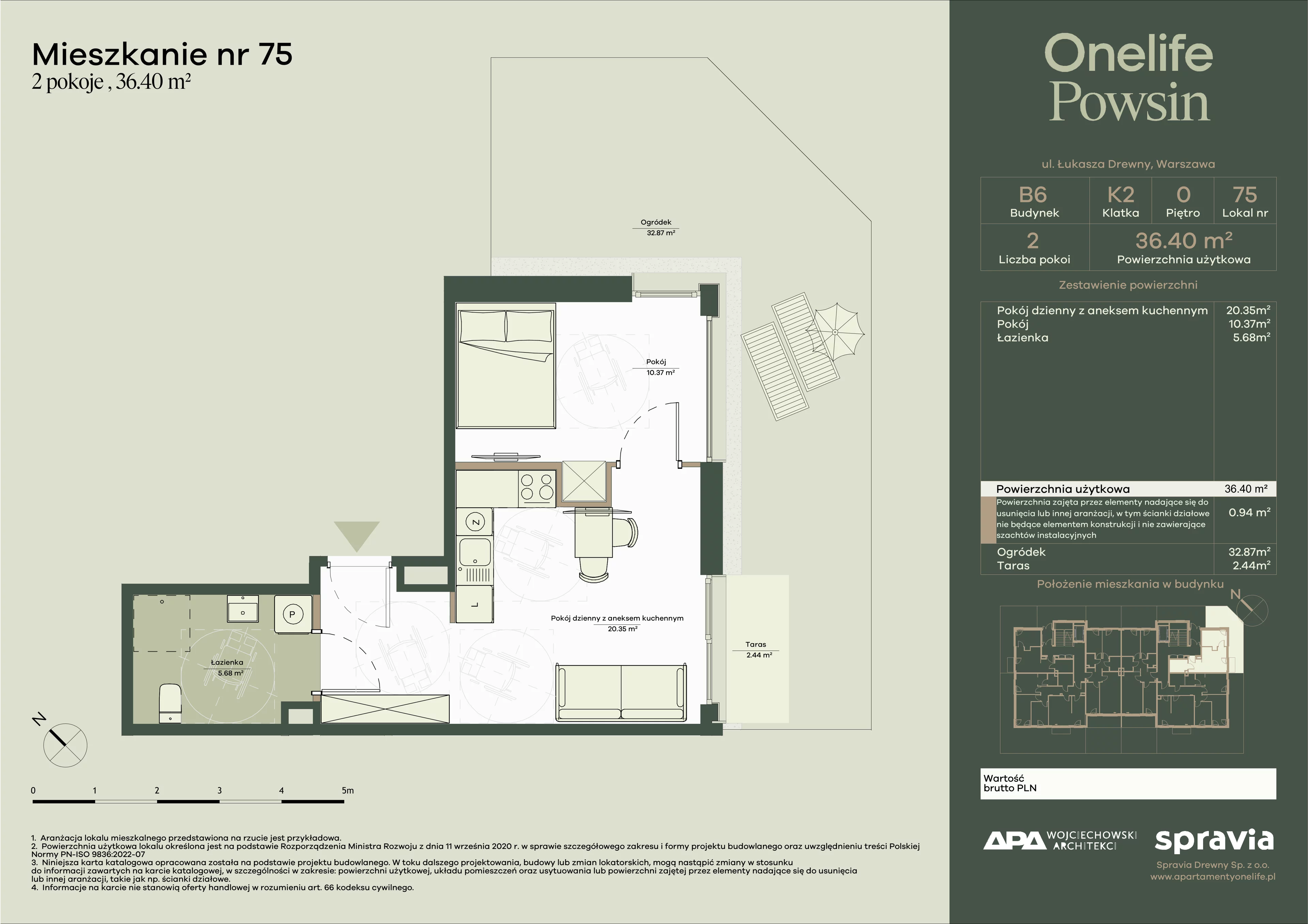 2 pokoje, mieszkanie 36,40 m², parter, oferta nr B6/75, Onelife Powsin, Warszawa, Wilanów, Powsin, ul. Łukasza Drewny