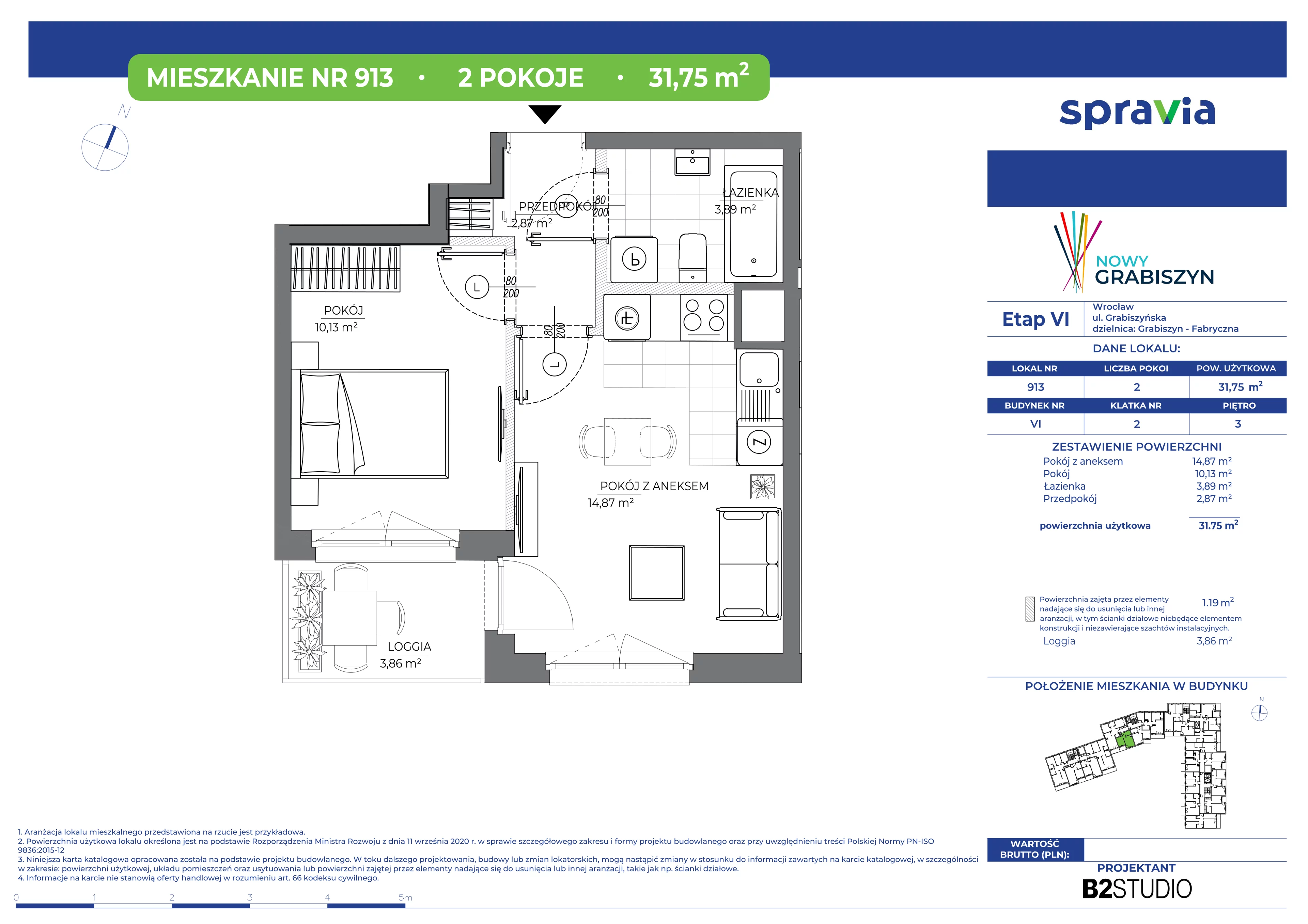 2 pokoje, mieszkanie 32,26 m², piętro 3, oferta nr 6/913, Nowy Grabiszyn 6, Wrocław, Grabiszyn-Grabiszynek, Fabryczna, ul. Miedziana