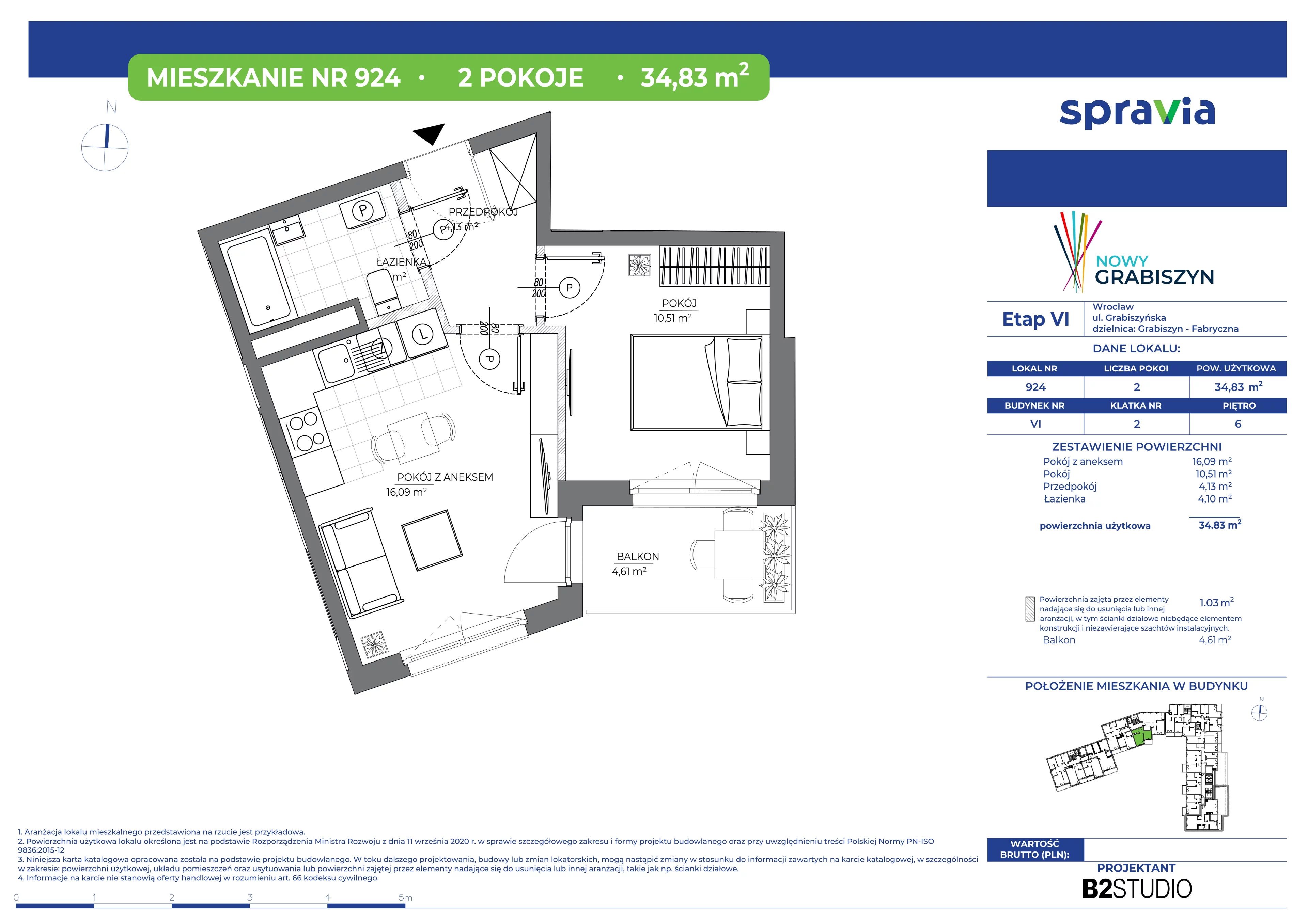 2 pokoje, mieszkanie 35,35 m², piętro 6, oferta nr 6/924, Nowy Grabiszyn 6, Wrocław, Grabiszyn-Grabiszynek, Fabryczna, ul. Miedziana