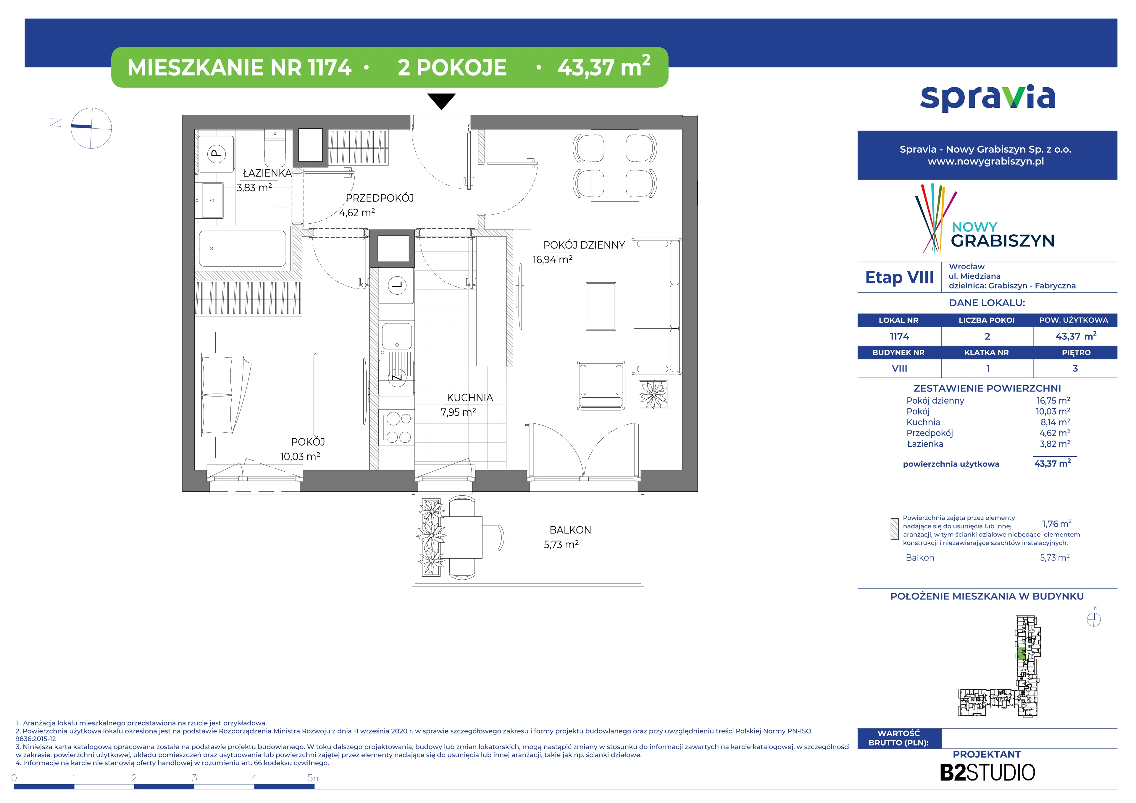 2 pokoje, mieszkanie 43,37 m², piętro 3, oferta nr 8/1174, Nowy Grabiszyn 8, Wrocław, Grabiszyn-Grabiszynek, Fabryczna, ul. Miedziana