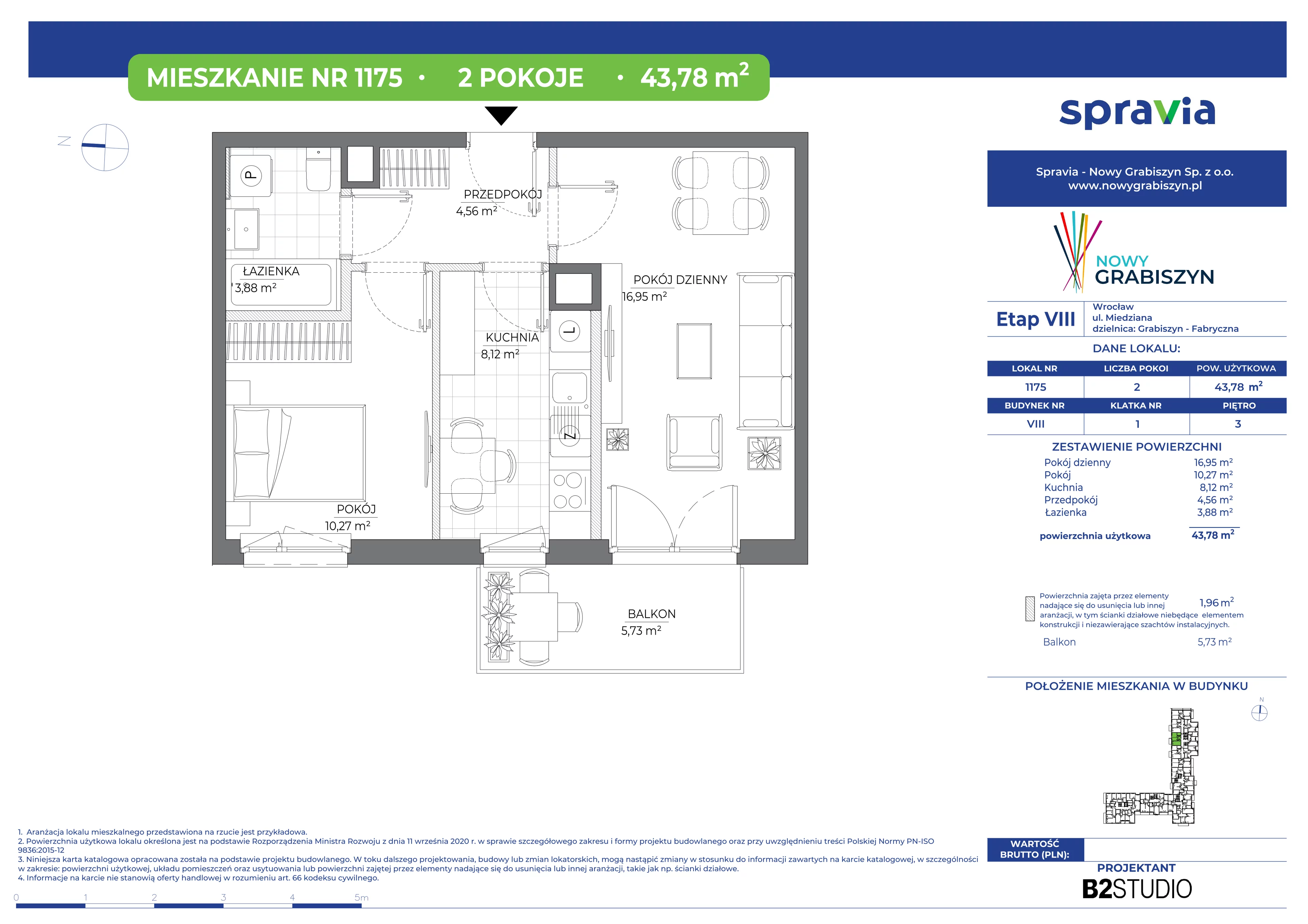 2 pokoje, mieszkanie 43,78 m², piętro 3, oferta nr 8/1175, Nowy Grabiszyn 8, Wrocław, Grabiszyn-Grabiszynek, Fabryczna, ul. Miedziana