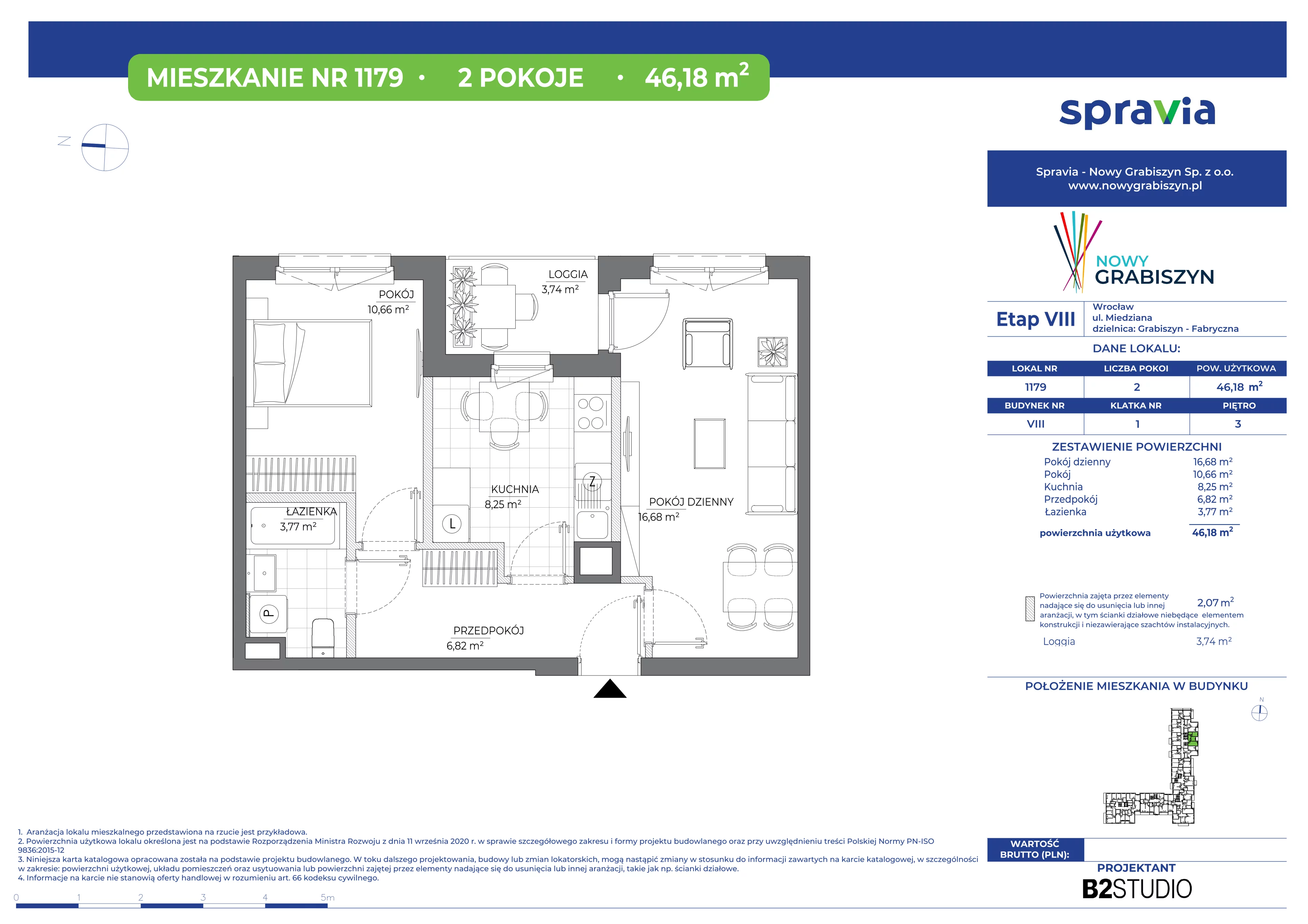 2 pokoje, mieszkanie 46,18 m², piętro 3, oferta nr 8/1179, Nowy Grabiszyn 8, Wrocław, Grabiszyn-Grabiszynek, Fabryczna, ul. Miedziana