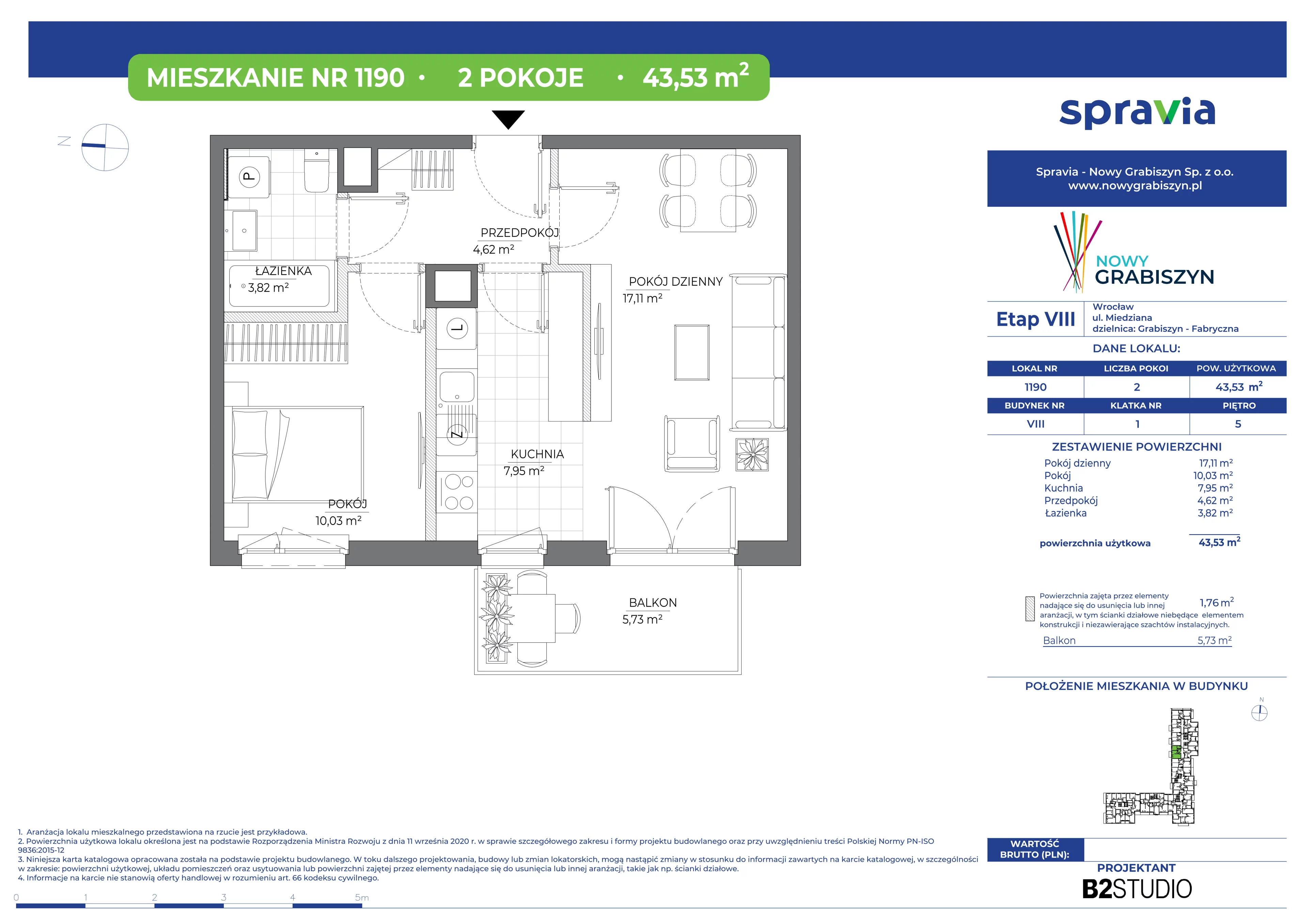 2 pokoje, mieszkanie 43,53 m², piętro 5, oferta nr 8/1190, Nowy Grabiszyn 8, Wrocław, Grabiszyn-Grabiszynek, Fabryczna, ul. Miedziana
