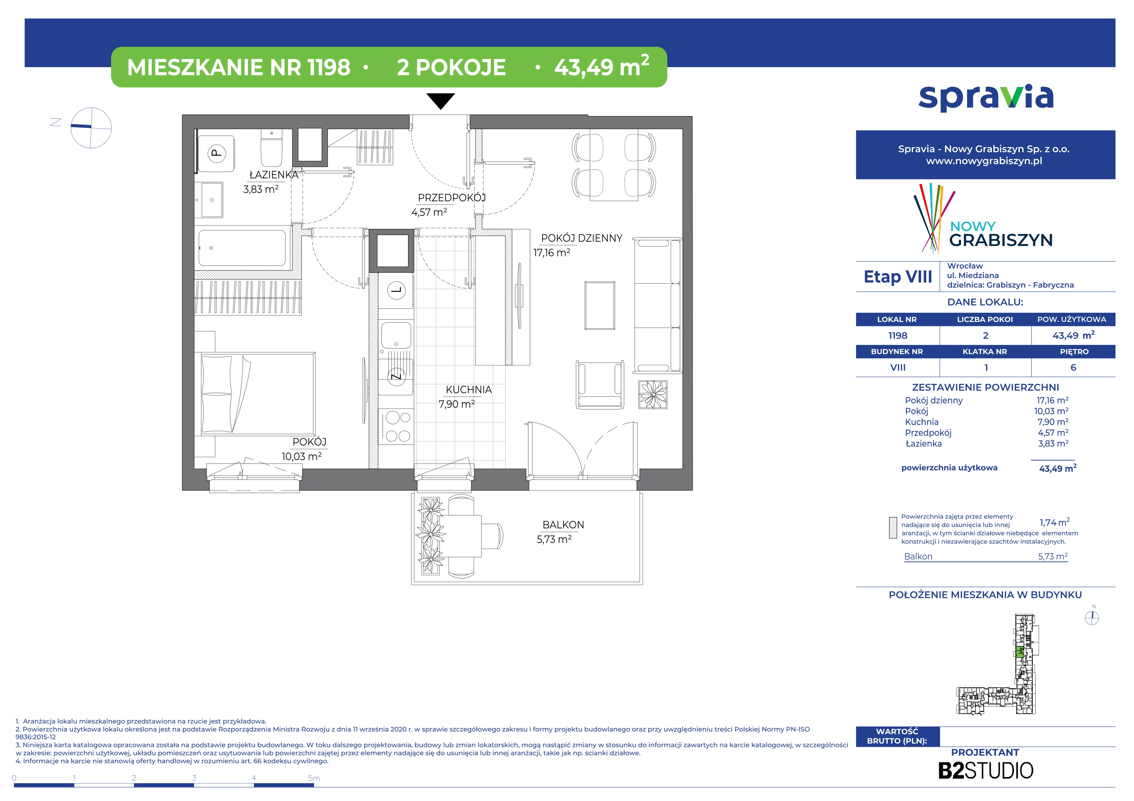2 pokoje, mieszkanie 43,49 m², piętro 6, oferta nr 8/1198, Nowy Grabiszyn 8, Wrocław, Grabiszyn-Grabiszynek, Fabryczna, ul. Miedziana