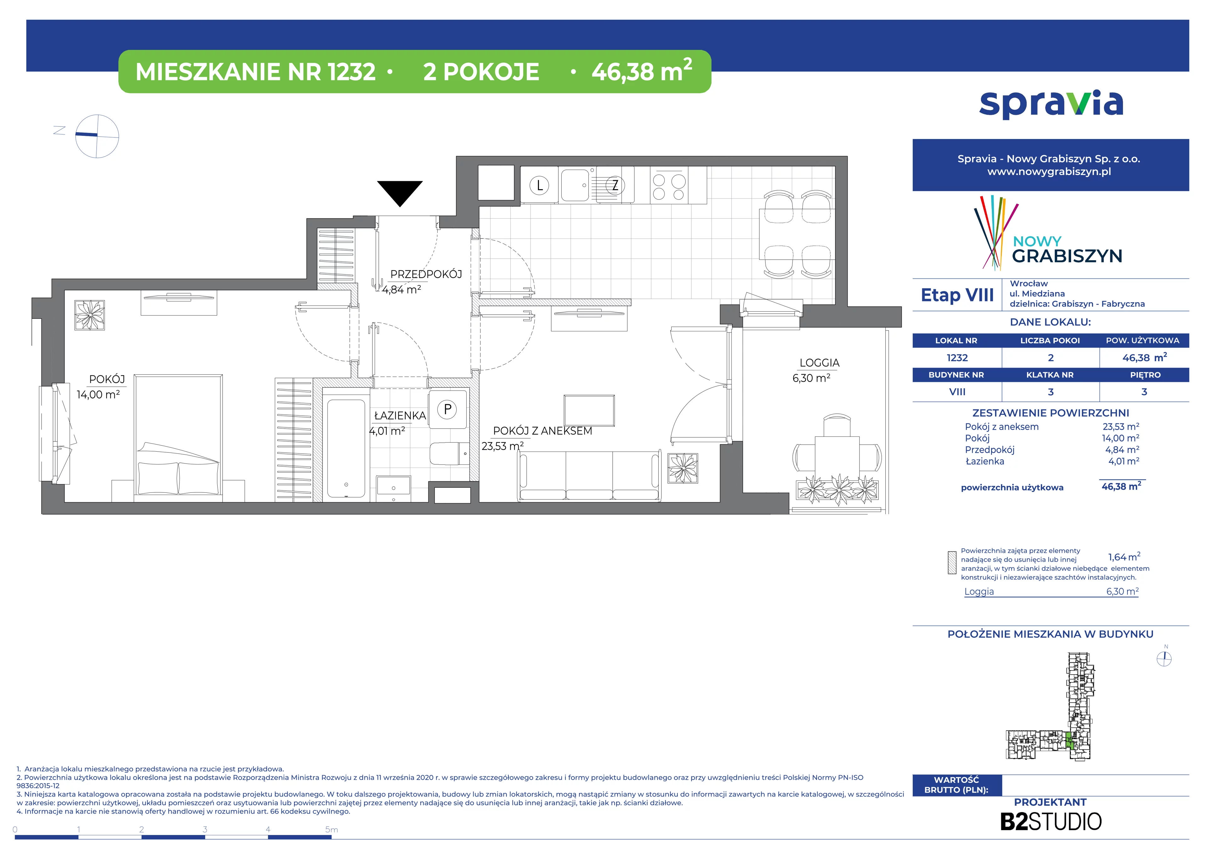 2 pokoje, mieszkanie 46,38 m², piętro 3, oferta nr 8/1232, Nowy Grabiszyn 8, Wrocław, Grabiszyn-Grabiszynek, Fabryczna, ul. Miedziana