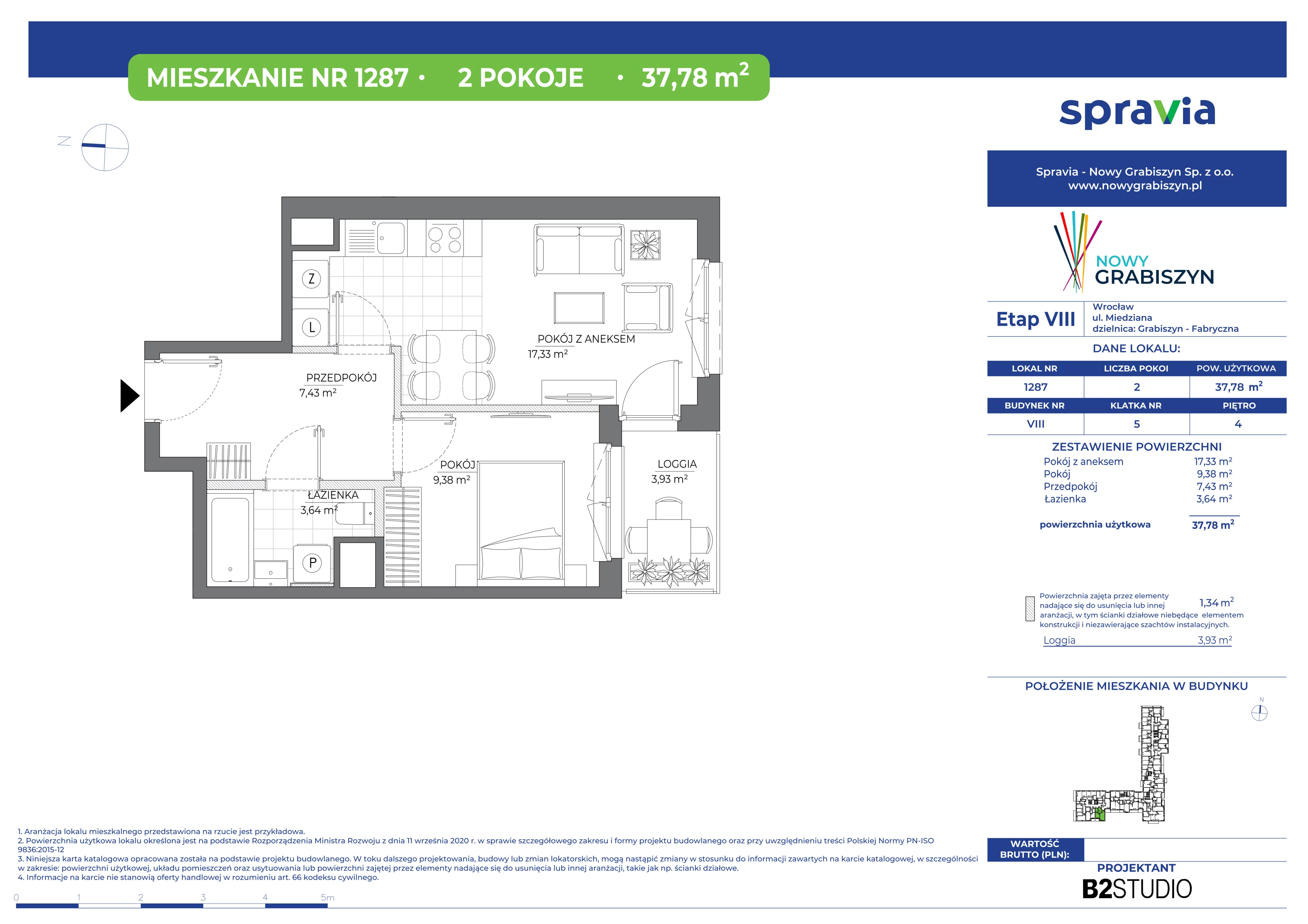 2 pokoje, mieszkanie 37,78 m², piętro 4, oferta nr 8/1287, Nowy Grabiszyn 8, Wrocław, Grabiszyn-Grabiszynek, Fabryczna, ul. Miedziana