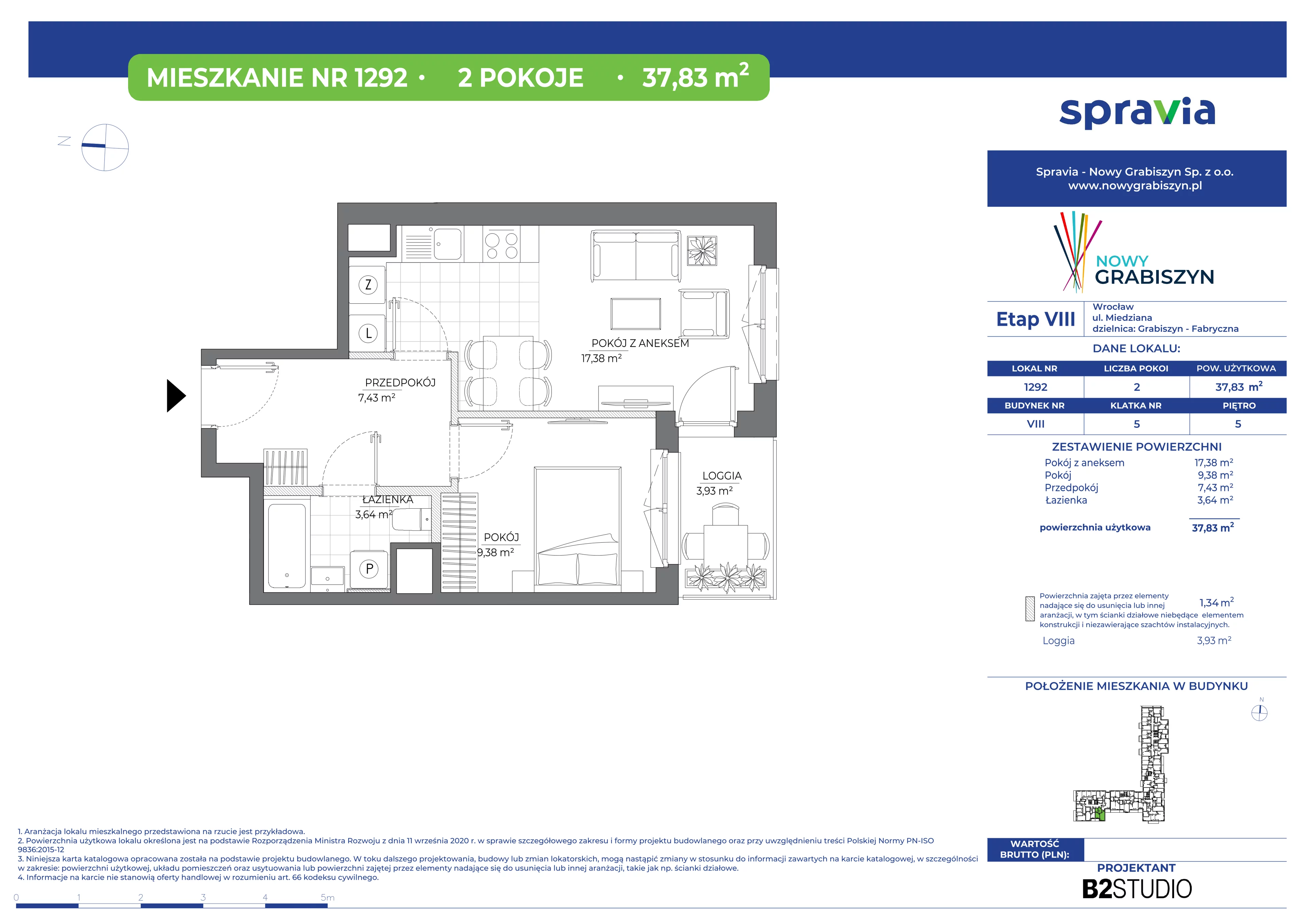 2 pokoje, mieszkanie 37,83 m², piętro 5, oferta nr 8/1292, Nowy Grabiszyn 8, Wrocław, Grabiszyn-Grabiszynek, Fabryczna, ul. Miedziana