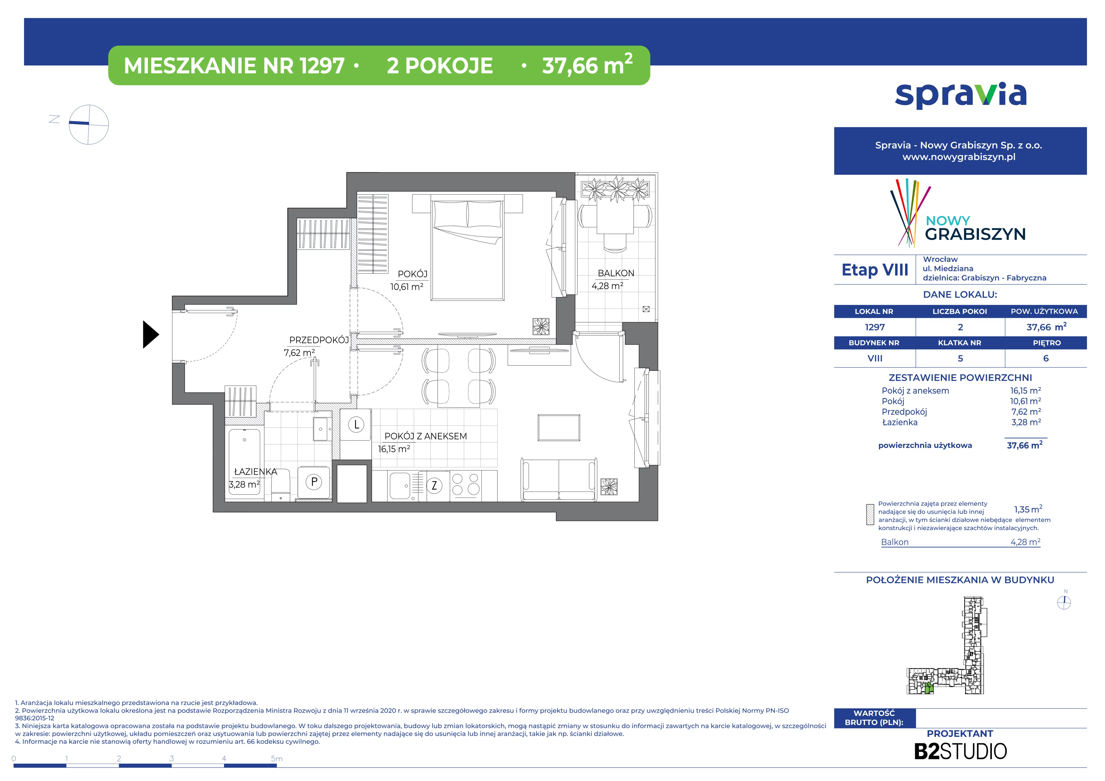 2 pokoje, mieszkanie 37,66 m², piętro 6, oferta nr 8/1297, Nowy Grabiszyn 8, Wrocław, Grabiszyn-Grabiszynek, Fabryczna, ul. Miedziana