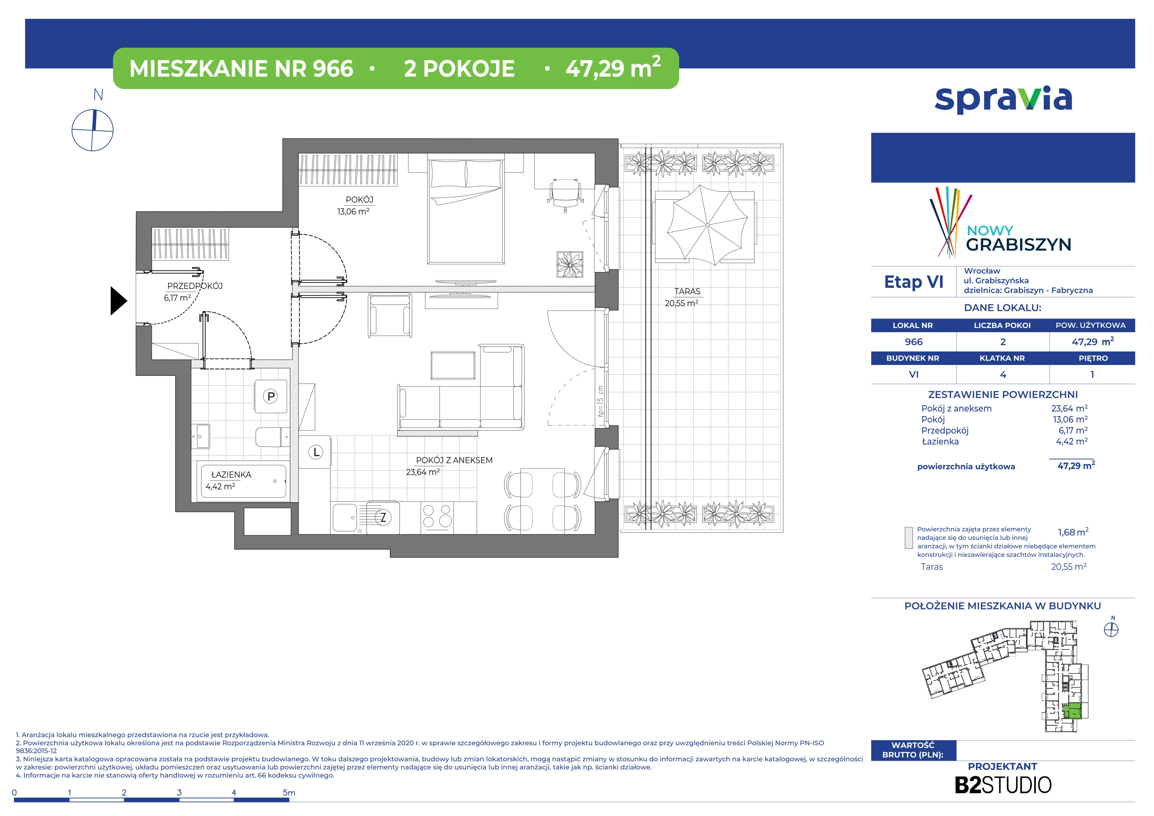 2 pokoje, mieszkanie 47,72 m², piętro 1, oferta nr 6/966, Nowy Grabiszyn 6, Wrocław, Grabiszyn-Grabiszynek, Fabryczna, ul. Miedziana