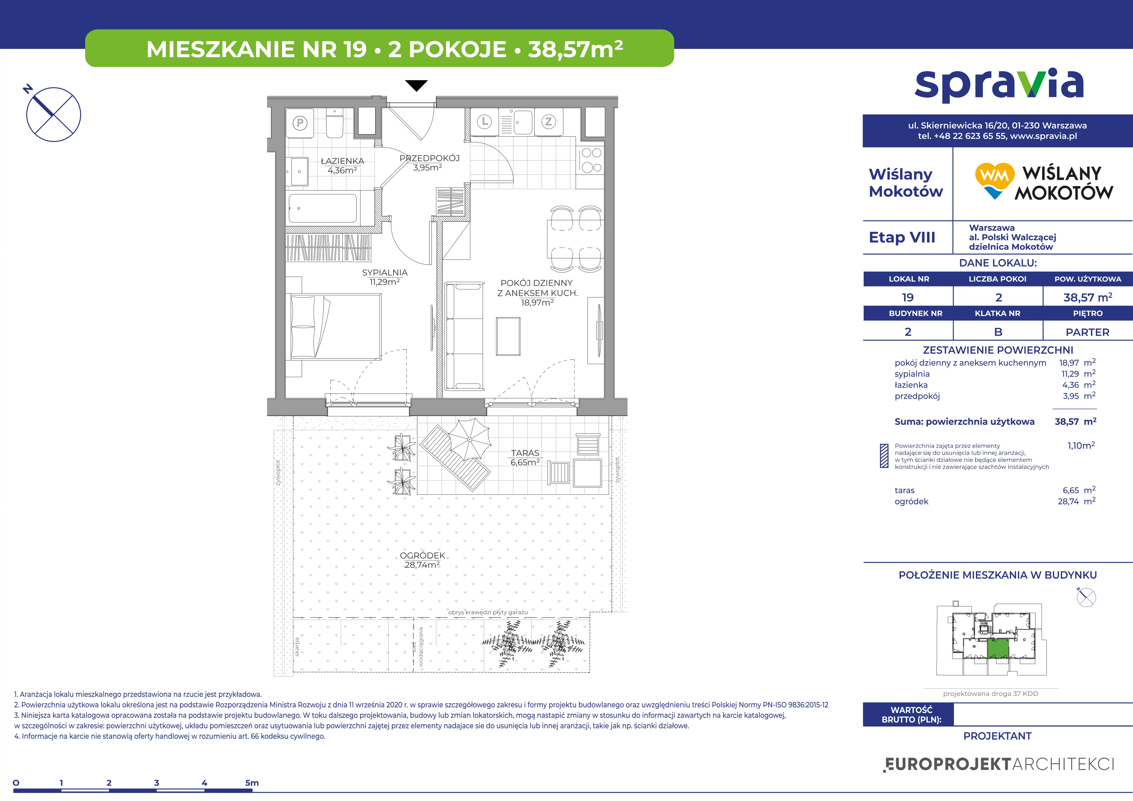 2 pokoje, mieszkanie 38,57 m², parter, oferta nr B2/19, Wiślany Mokotów VIII, Warszawa, Mokotów, Czerniaków, al. Polski Walczącej