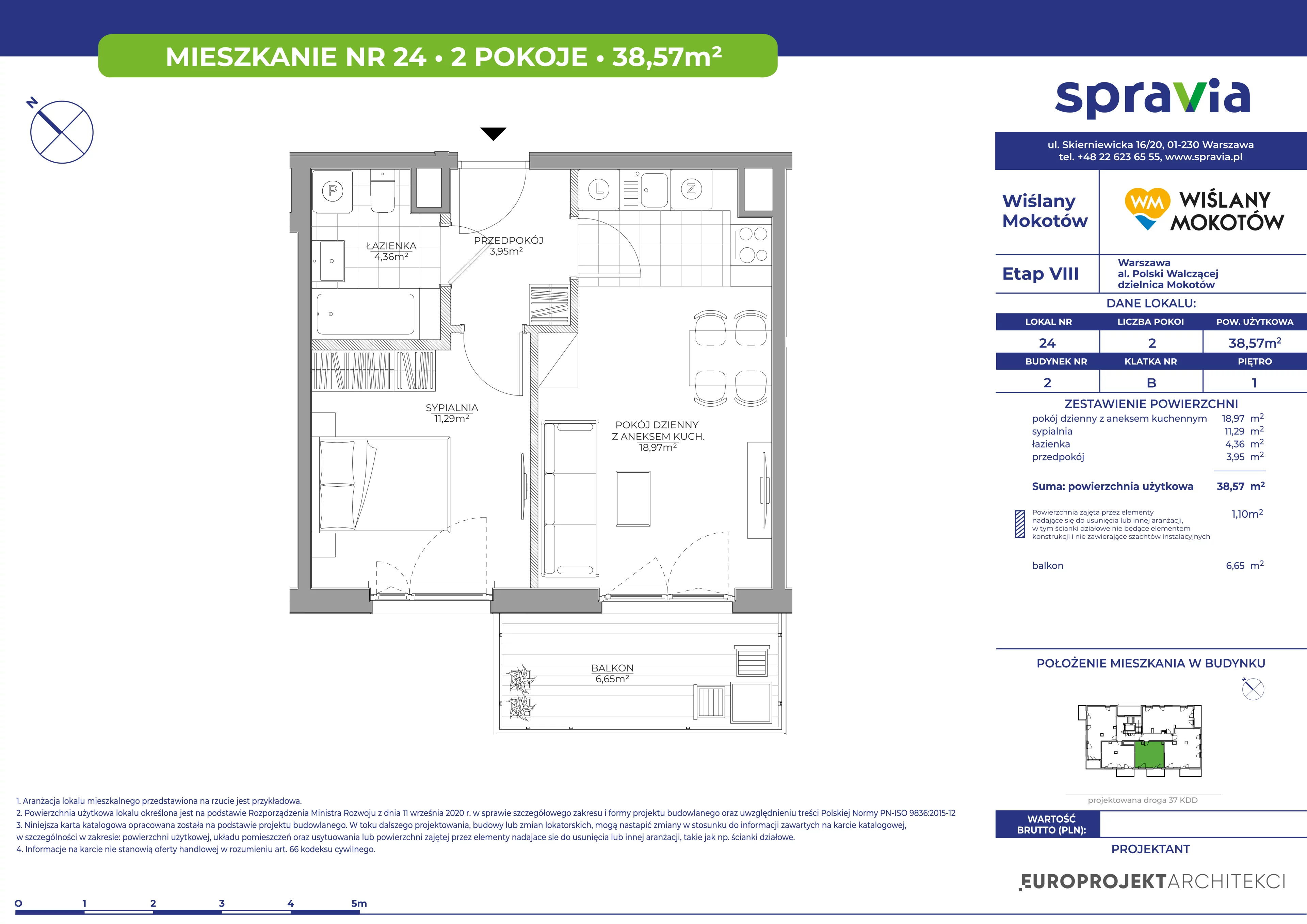 2 pokoje, mieszkanie 38,57 m², piętro 1, oferta nr B2/24, Wiślany Mokotów VIII, Warszawa, Mokotów, Czerniaków, al. Polski Walczącej