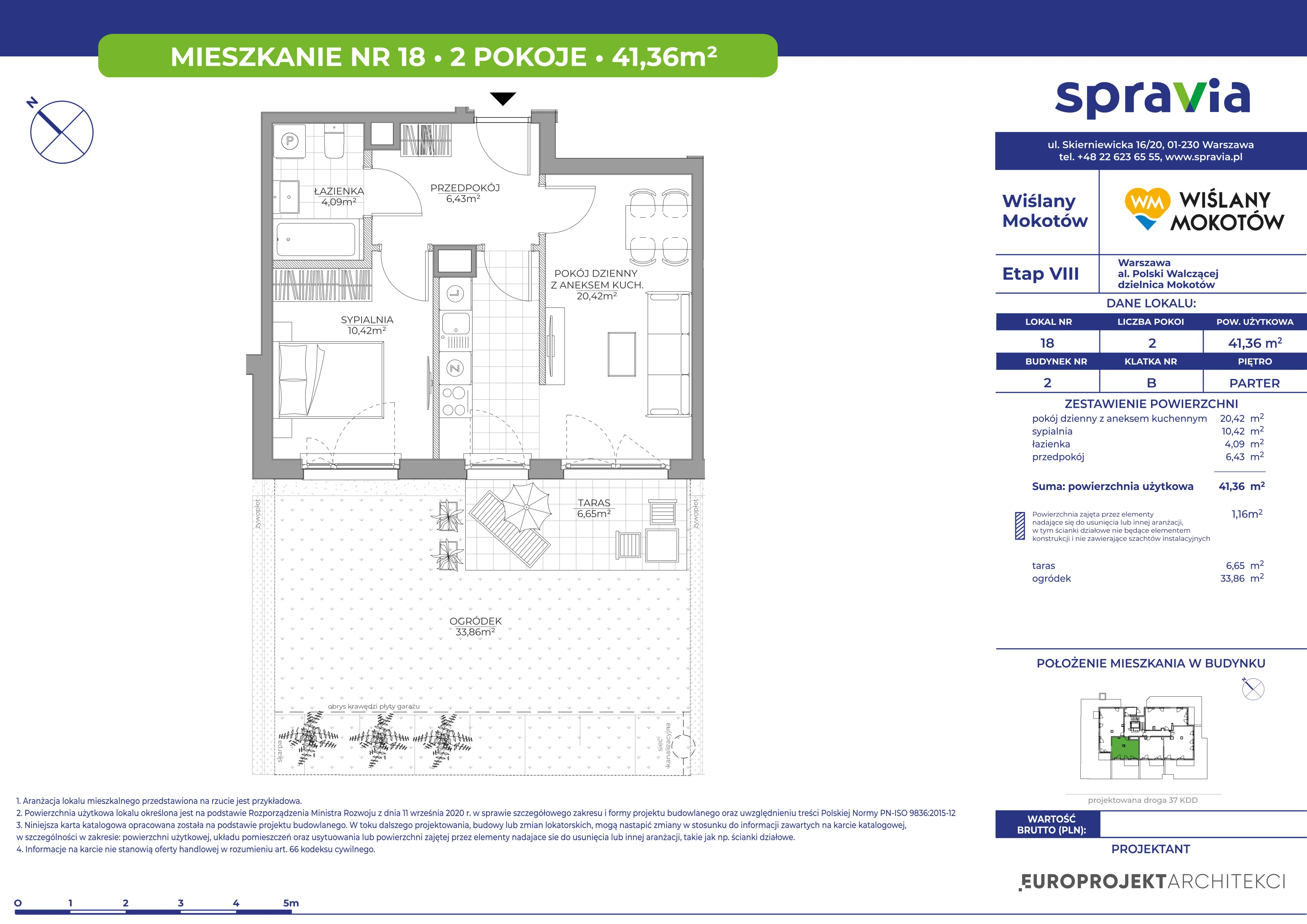 2 pokoje, mieszkanie 41,36 m², parter, oferta nr B2/18, Wiślany Mokotów VIII, Warszawa, Mokotów, Czerniaków, al. Polski Walczącej