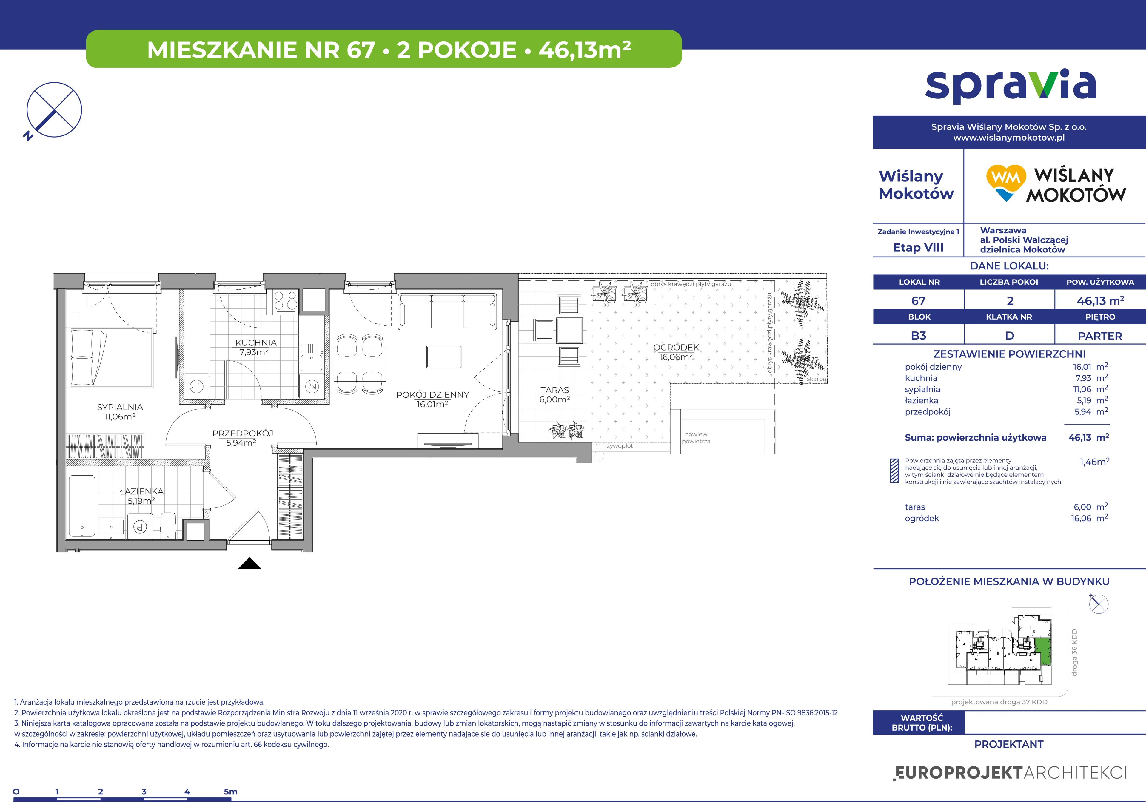 2 pokoje, mieszkanie 46,13 m², parter, oferta nr B3/67, Wiślany Mokotów VIII, Warszawa, Mokotów, Czerniaków, al. Polski Walczącej