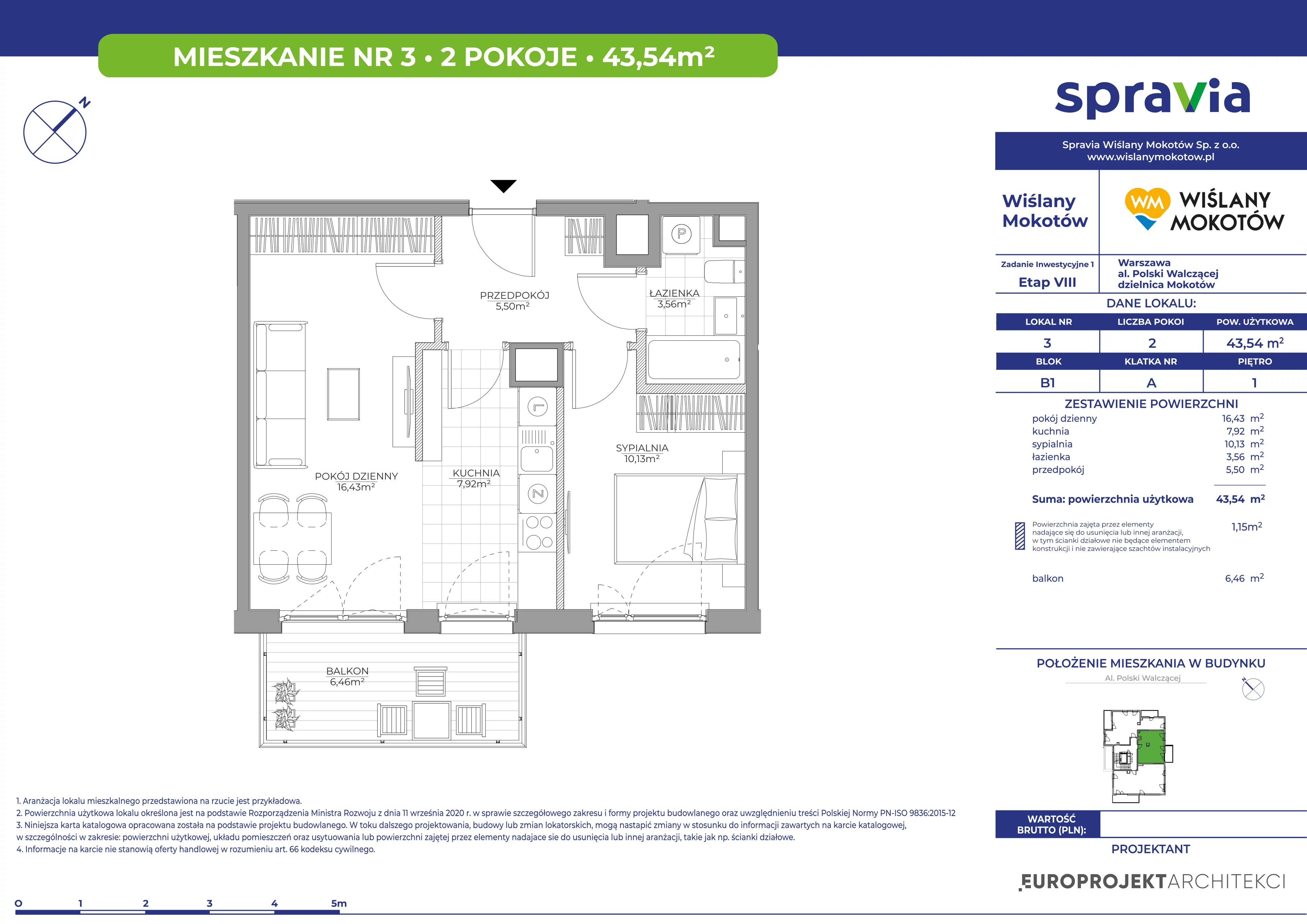 2 pokoje, mieszkanie 43,54 m², piętro 1, oferta nr B1/3, Wiślany Mokotów VIII, Warszawa, Mokotów, Czerniaków, al. Polski Walczącej