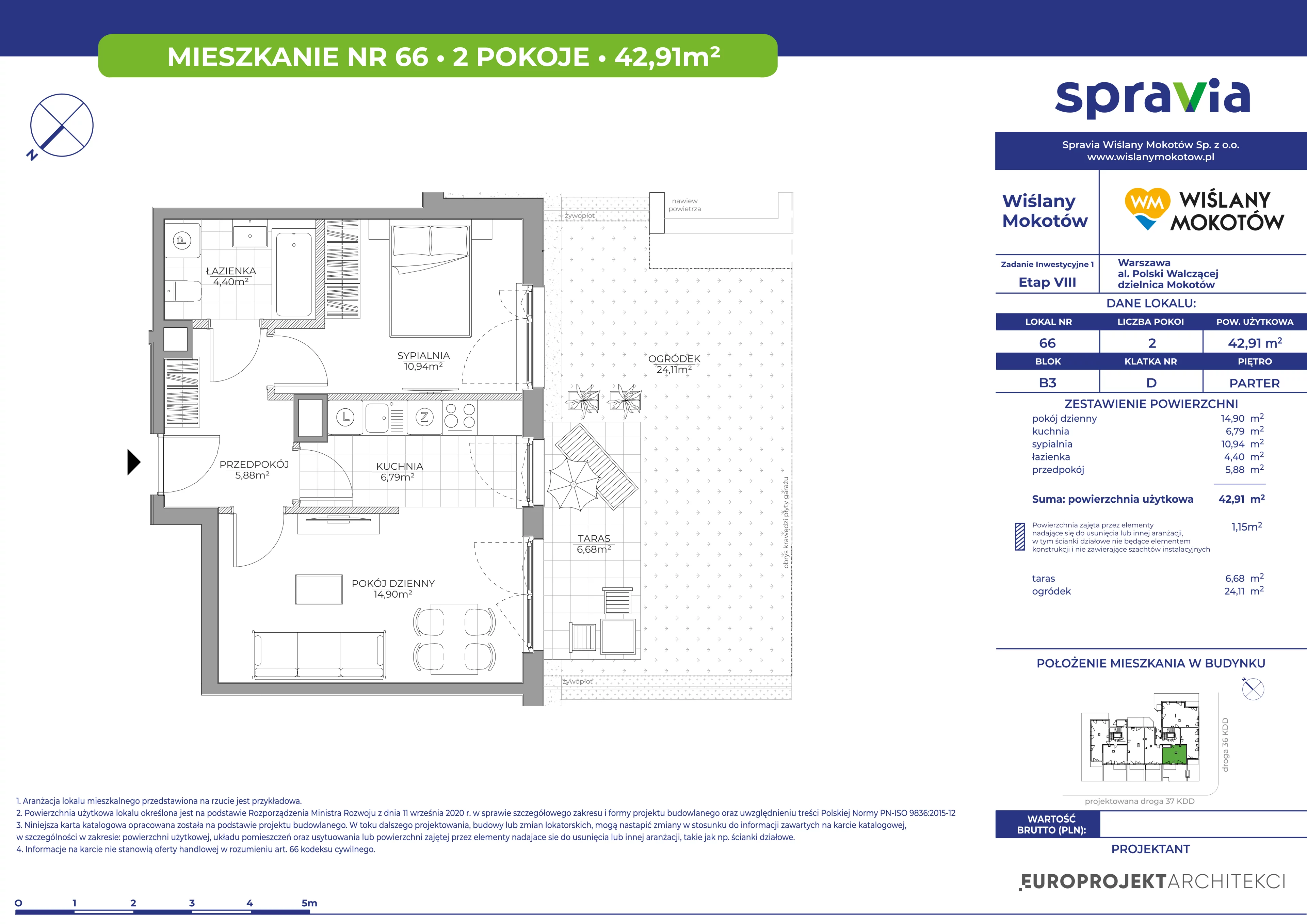 2 pokoje, mieszkanie 42,91 m², parter, oferta nr B3/66, Wiślany Mokotów VIII, Warszawa, Mokotów, Czerniaków, al. Polski Walczącej