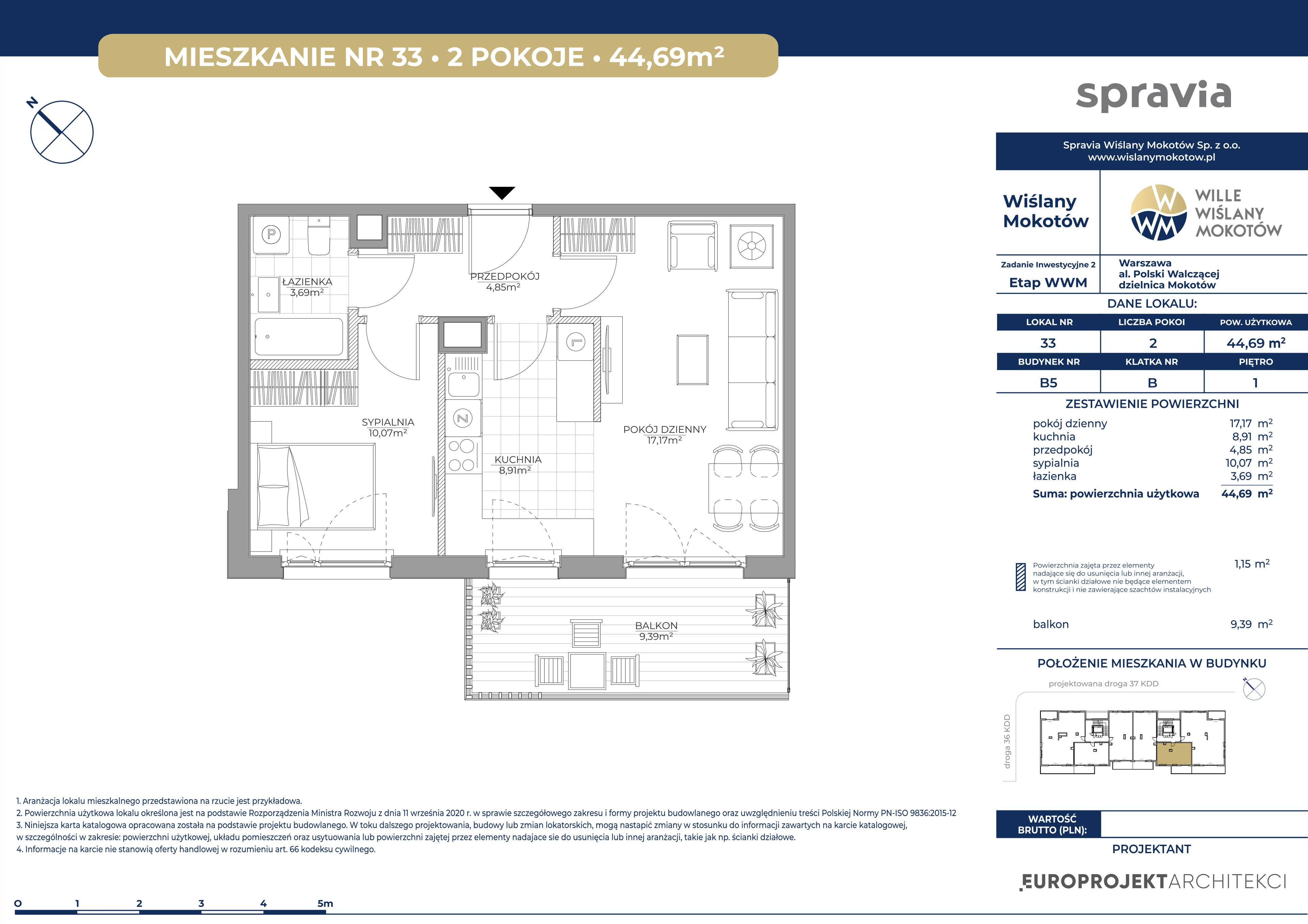 2 pokoje, mieszkanie 44,69 m², piętro 1, oferta nr B5/33, Wiślany Mokotów VIII, Warszawa, Mokotów, Czerniaków, al. Polski Walczącej