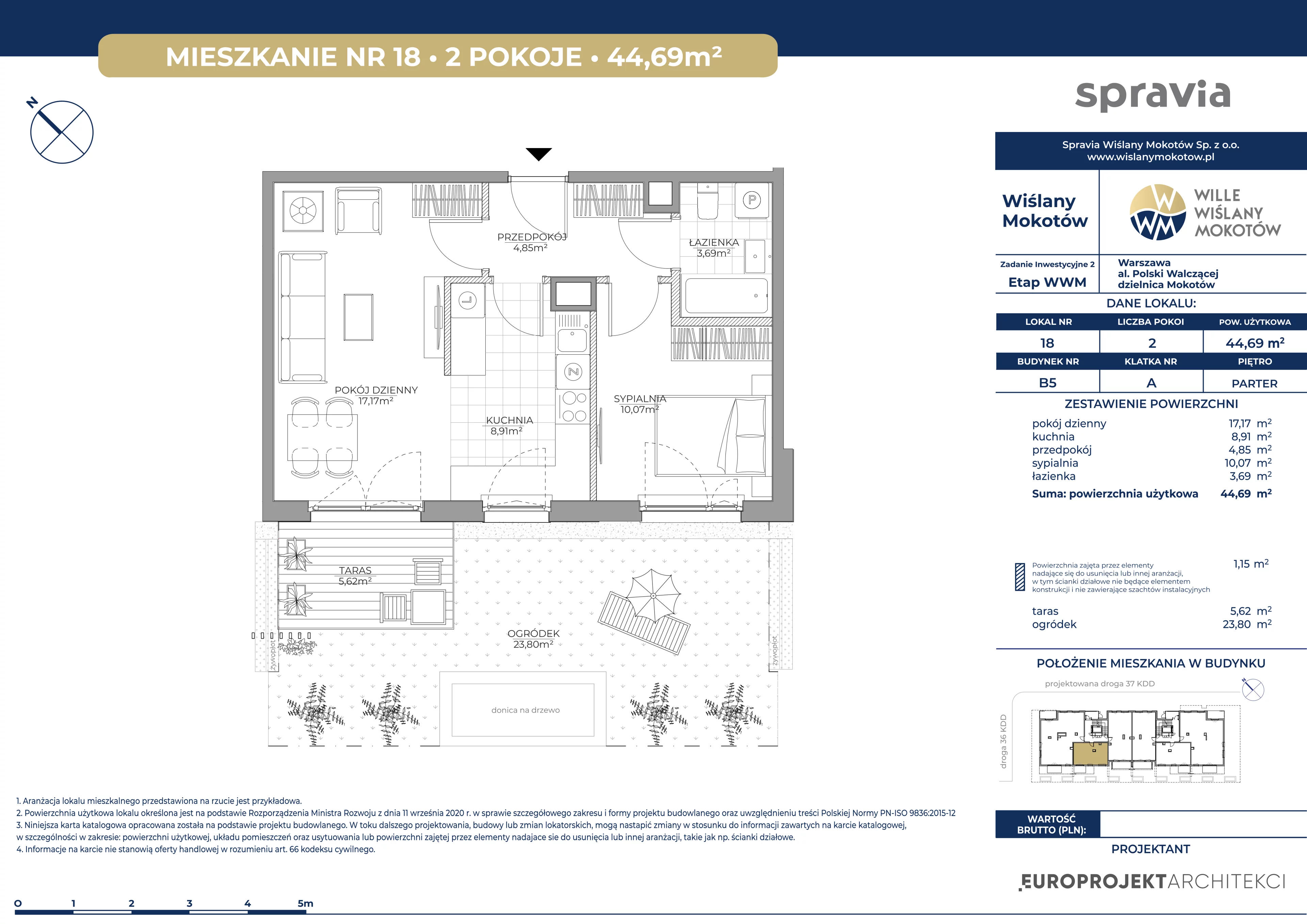2 pokoje, mieszkanie 44,69 m², parter, oferta nr B5/18, Wiślany Mokotów VIII, Warszawa, Mokotów, Czerniaków, al. Polski Walczącej