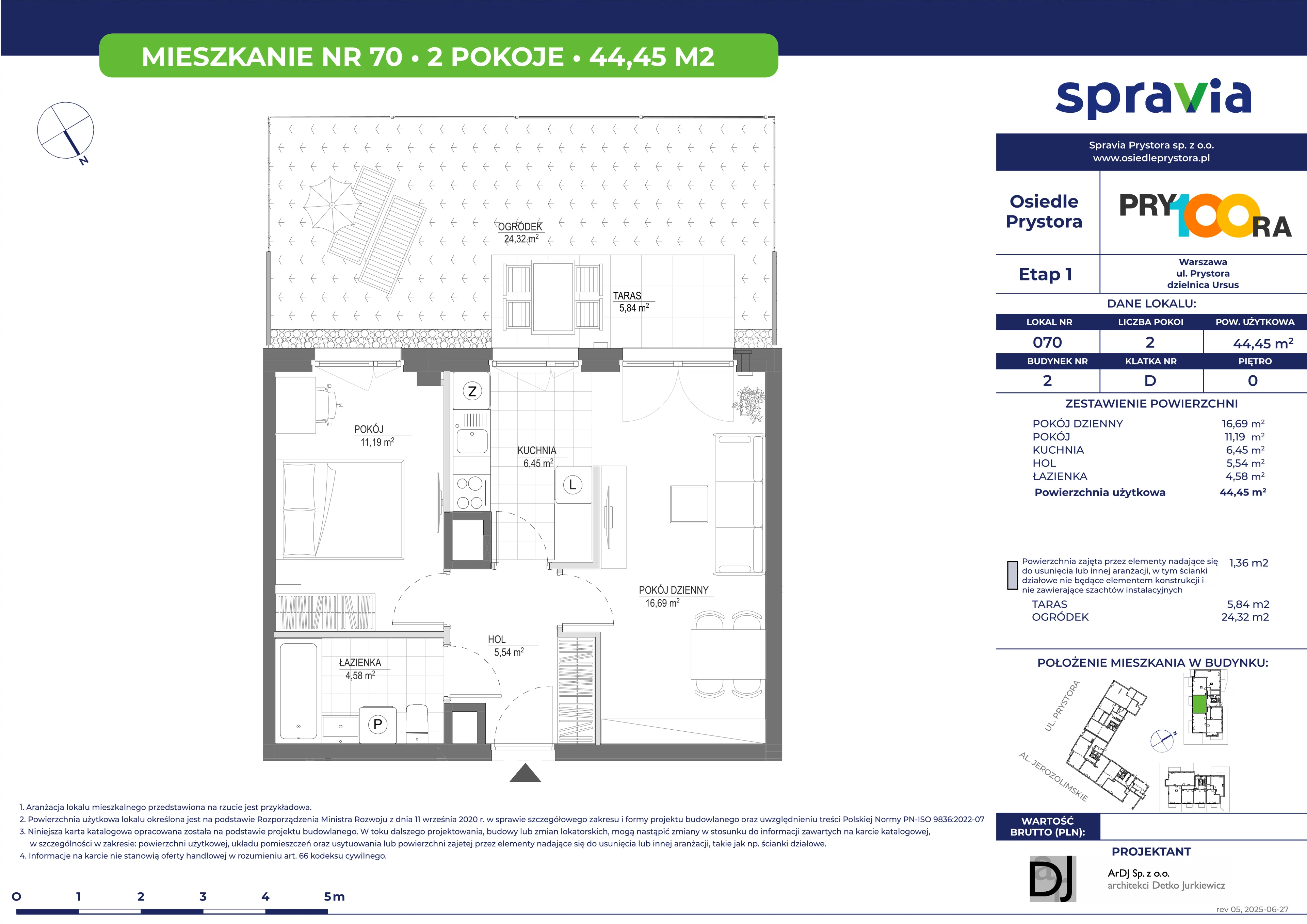 2 pokoje, mieszkanie 44,45 m², parter, oferta nr 2/70, Osiedle Prystora, Warszawa, Ursus, Skorosze, ul. Prystora