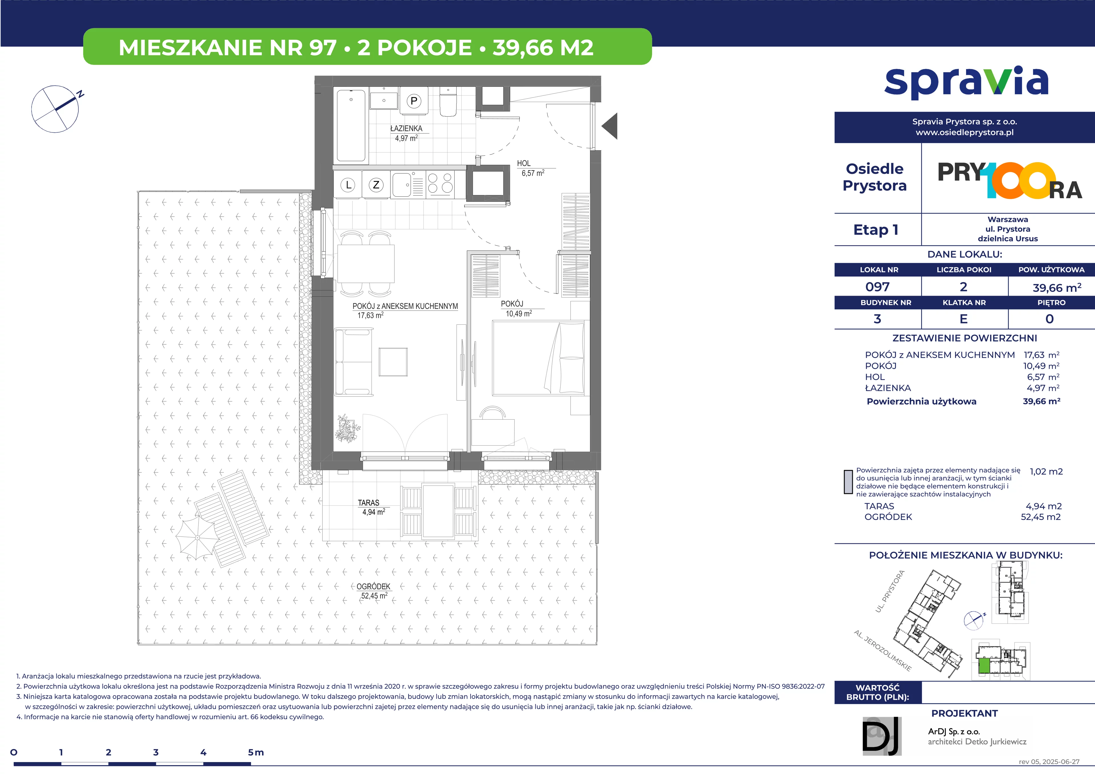 2 pokoje, mieszkanie 39,66 m², parter, oferta nr 3/97, Osiedle Prystora, Warszawa, Ursus, Skorosze, ul. Prystora