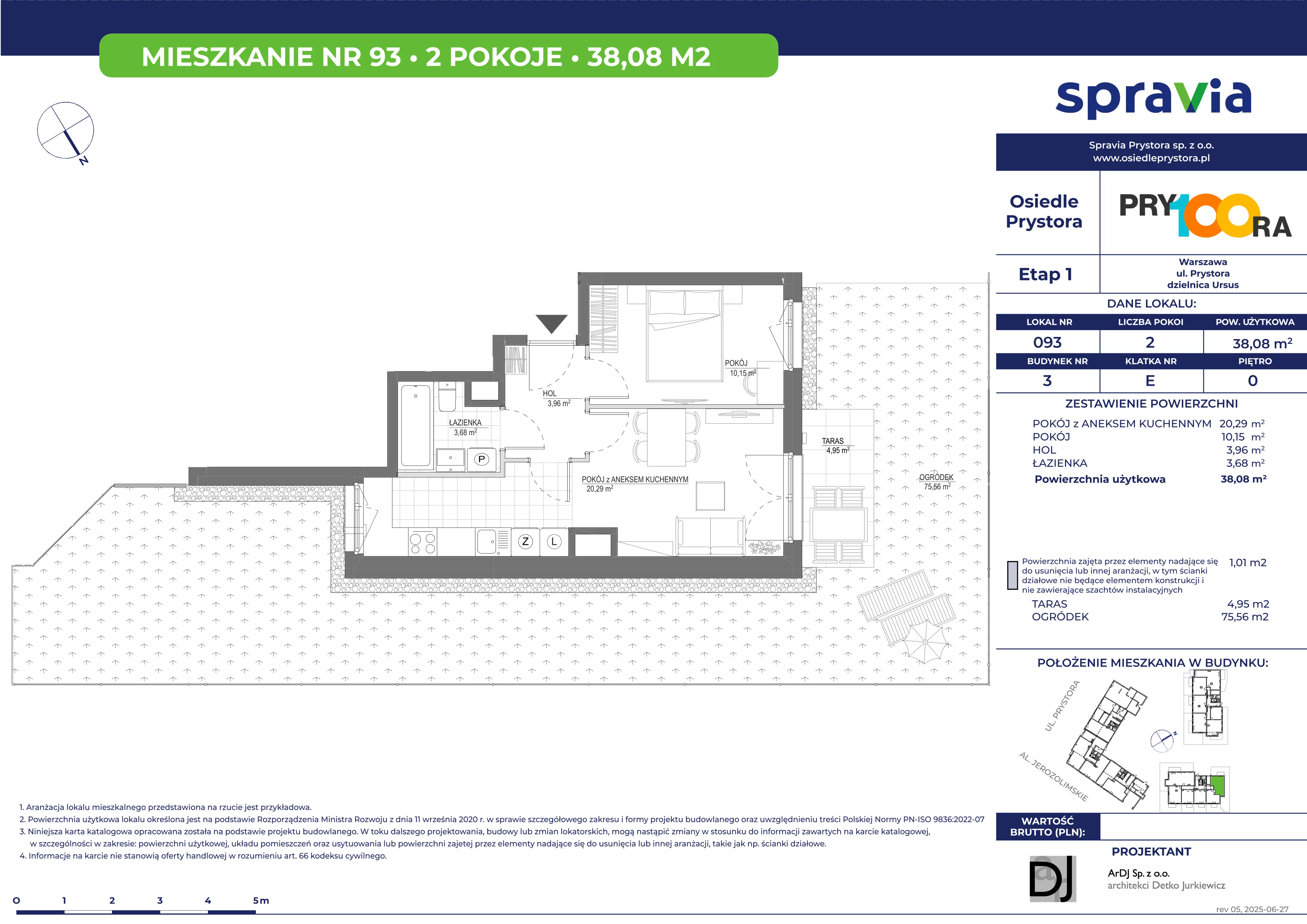 2 pokoje, mieszkanie 38,08 m², parter, oferta nr 3/93, Osiedle Prystora, Warszawa, Ursus, Skorosze, ul. Prystora