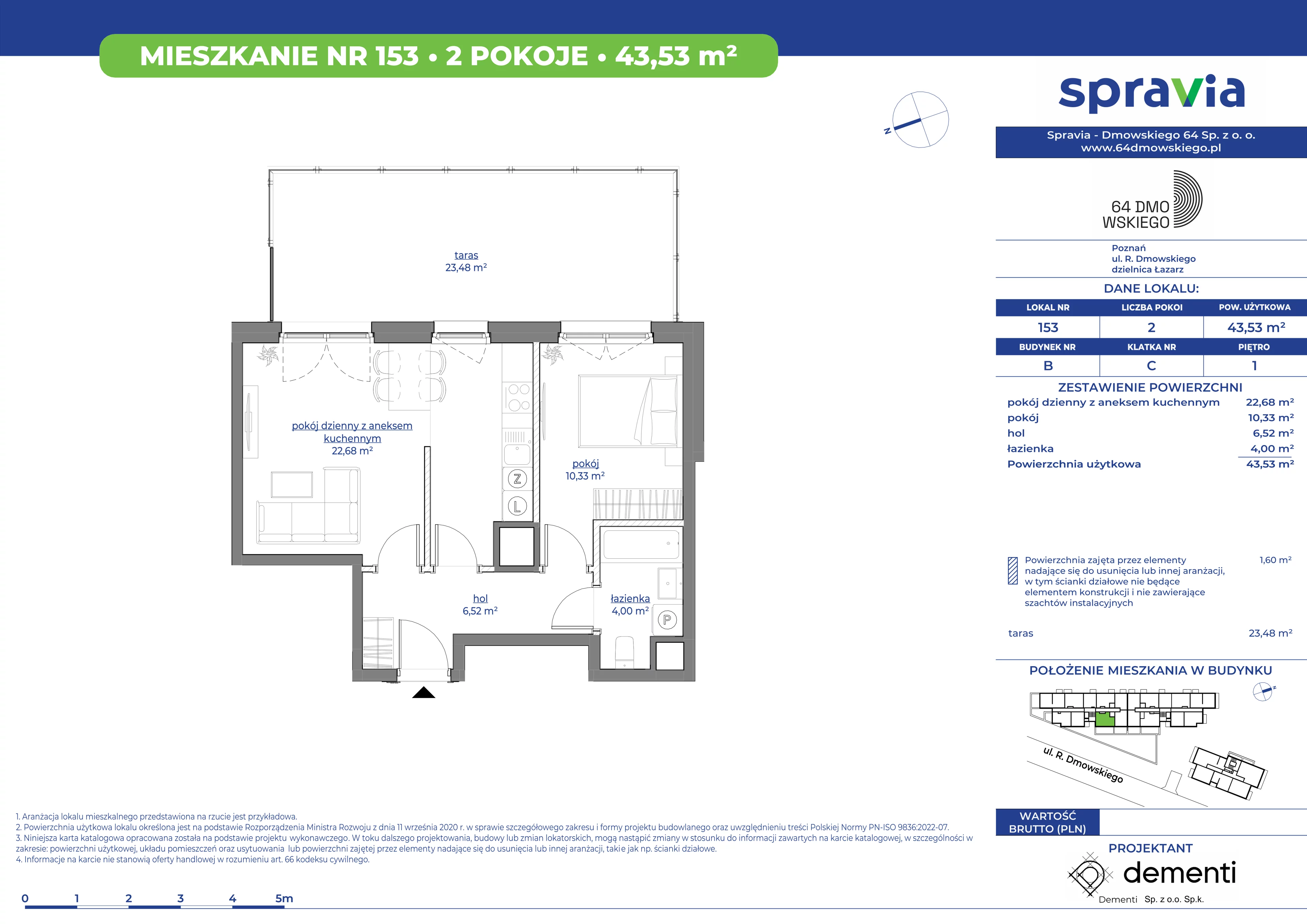 2 pokoje, mieszkanie 43,53 m², piętro 1, oferta nr B/153, 64 Dmowskiego, Poznań, Św. Łazarz, Łazarz, ul. R. Dmowskiego