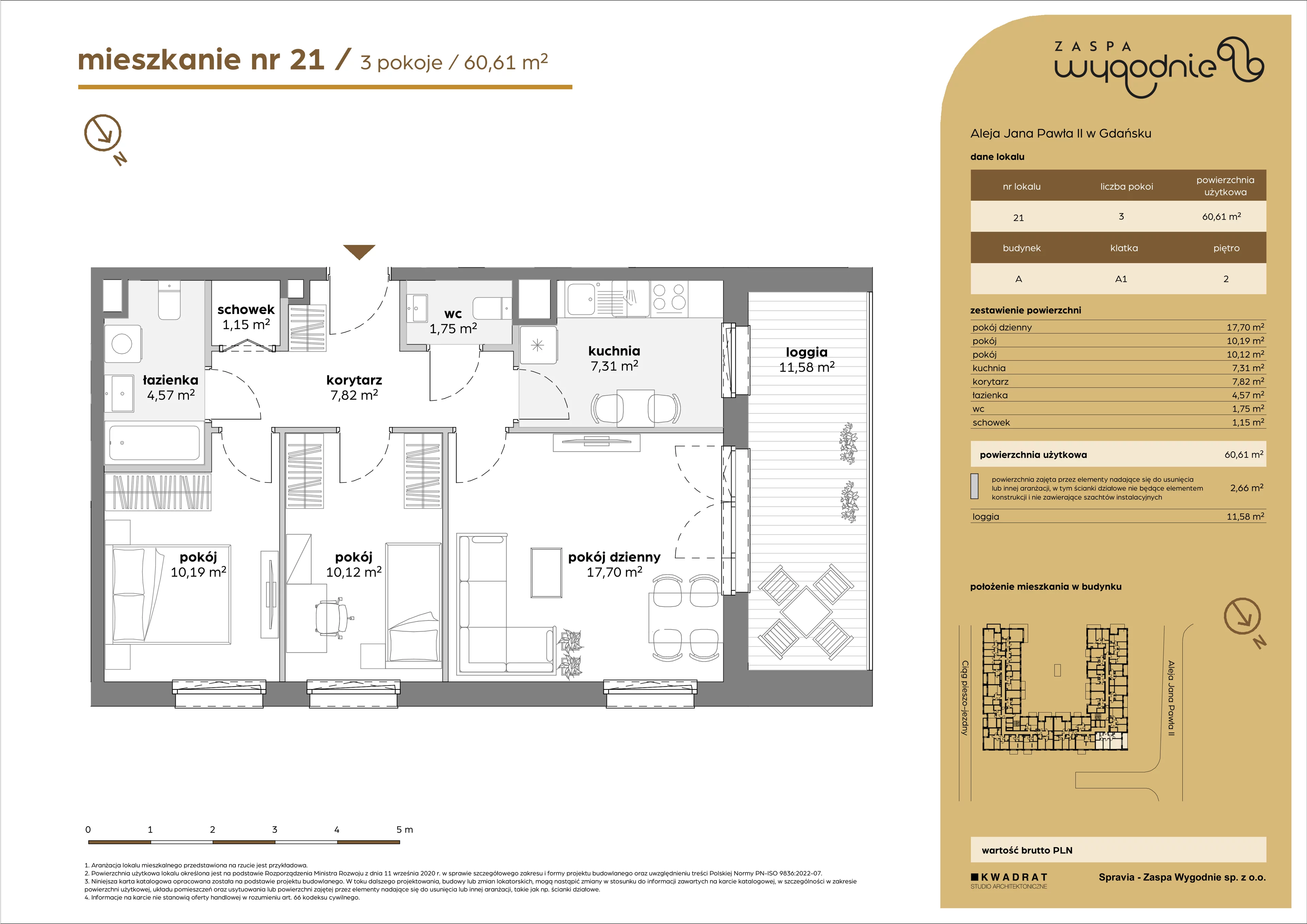 3 pokoje, mieszkanie 60,61 m², piętro 2, oferta nr A/21, Zaspa Wygodnie, Gdańsk, Zaspa, Zaspa-Młyniec, Al. Jana Pawła II