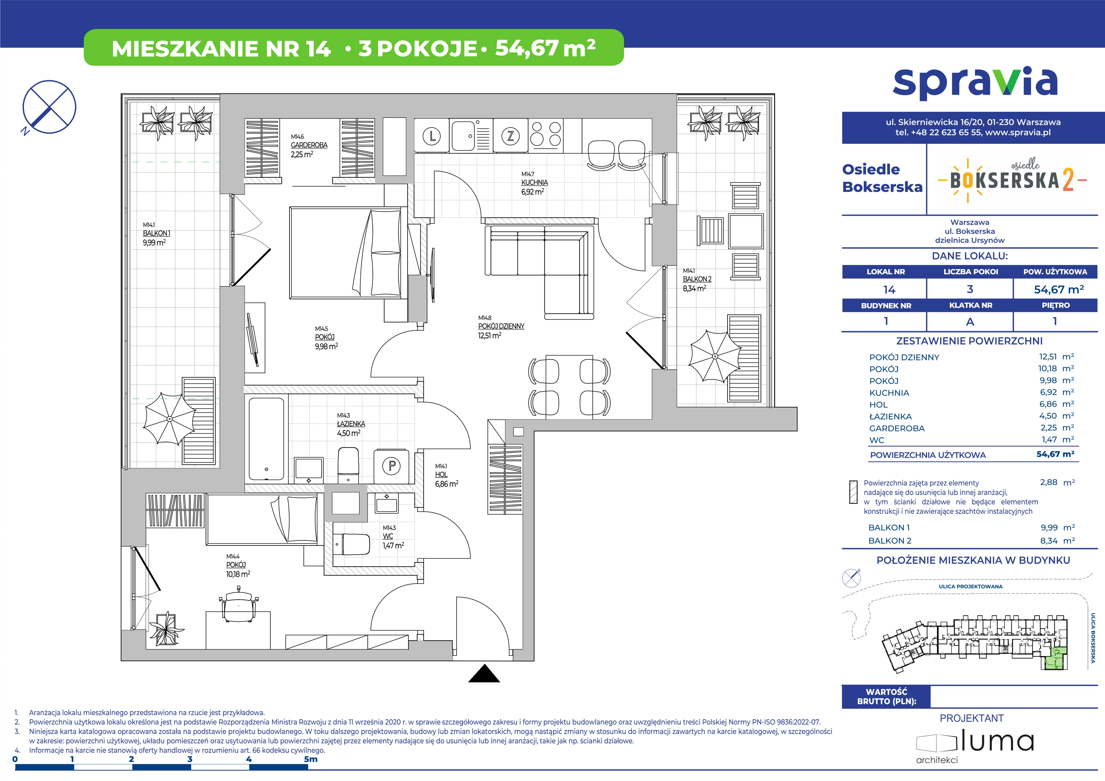 3 pokoje, mieszkanie 54,67 m², piętro 1, oferta nr B1/14, Osiedle Bokserska 2, Warszawa, Ursynów, Wyczółki, ul. Bokserska 73A