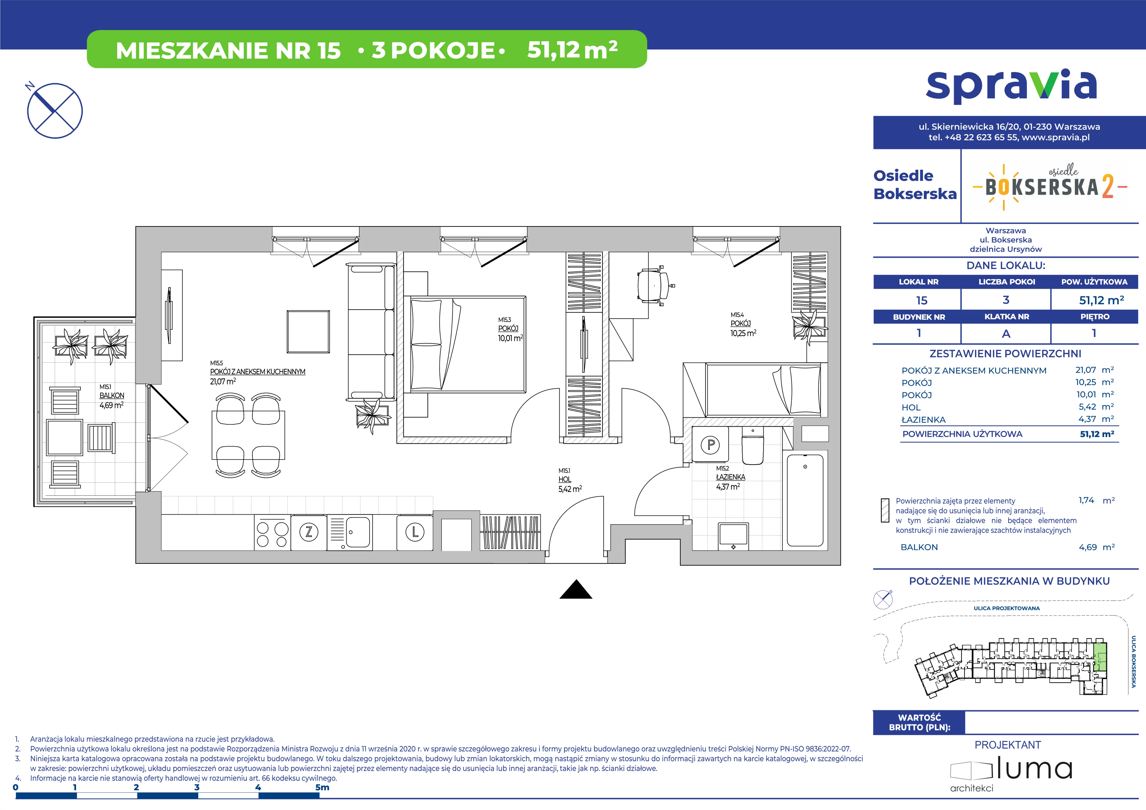 3 pokoje, mieszkanie 51,12 m², piętro 1, oferta nr B1/15, Osiedle Bokserska 2, Warszawa, Ursynów, Wyczółki, ul. Bokserska 73A