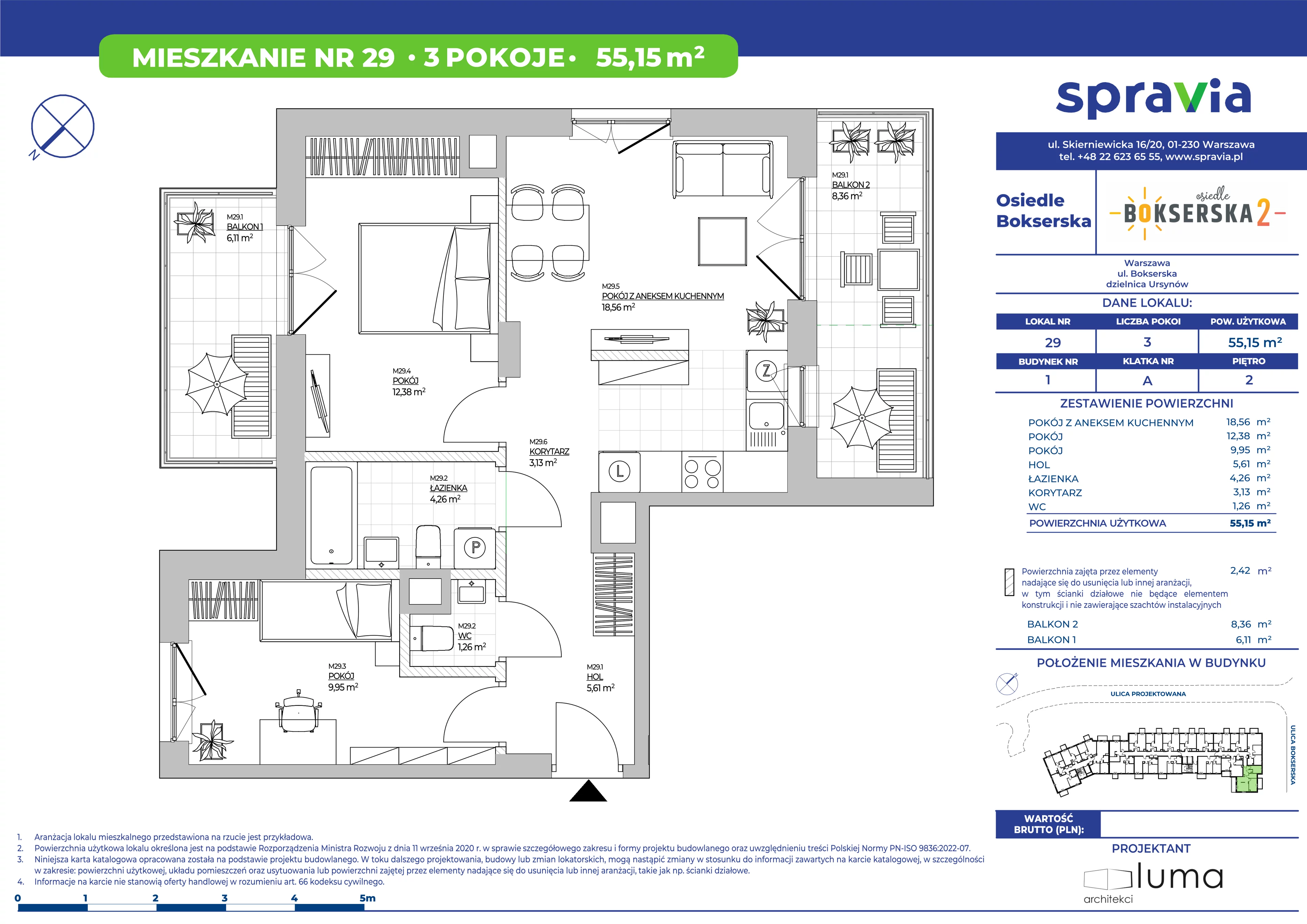 3 pokoje, mieszkanie 55,15 m², piętro 2, oferta nr B1/29, Osiedle Bokserska 2, Warszawa, Ursynów, Wyczółki, ul. Bokserska 73A