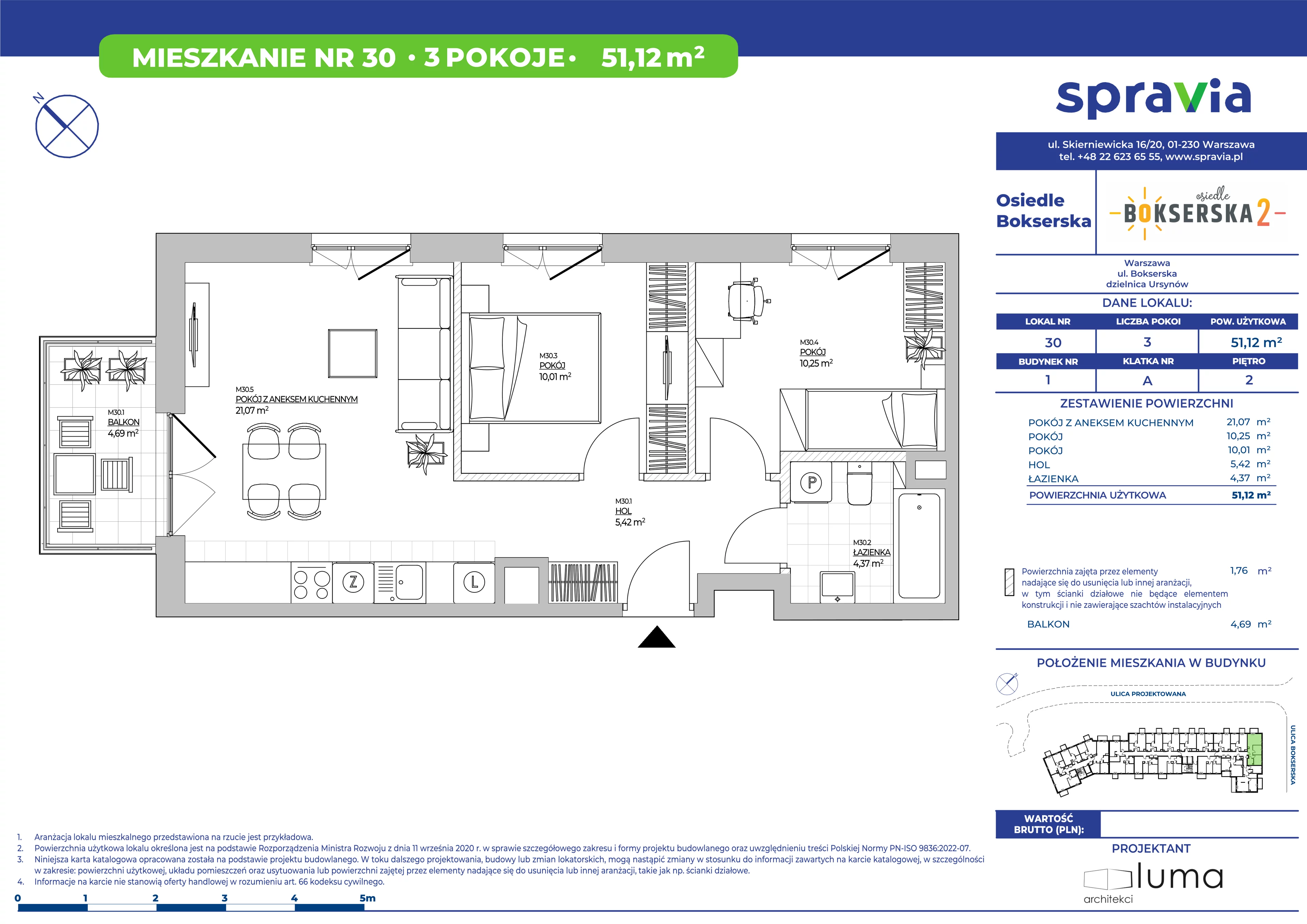 3 pokoje, mieszkanie 51,12 m², piętro 2, oferta nr B1/30, Osiedle Bokserska 2, Warszawa, Ursynów, Wyczółki, ul. Bokserska 73A