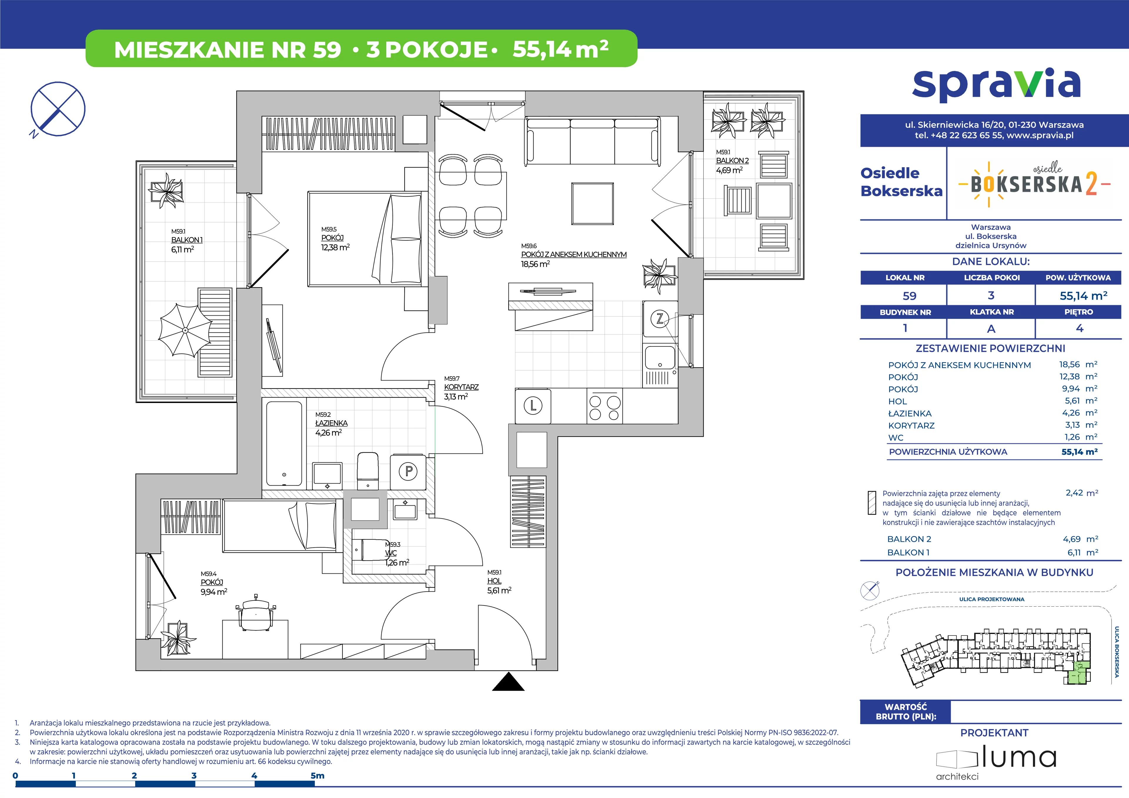 3 pokoje, mieszkanie 55,14 m², piętro 4, oferta nr B1/59, Osiedle Bokserska 2, Warszawa, Ursynów, Wyczółki, ul. Bokserska 73A