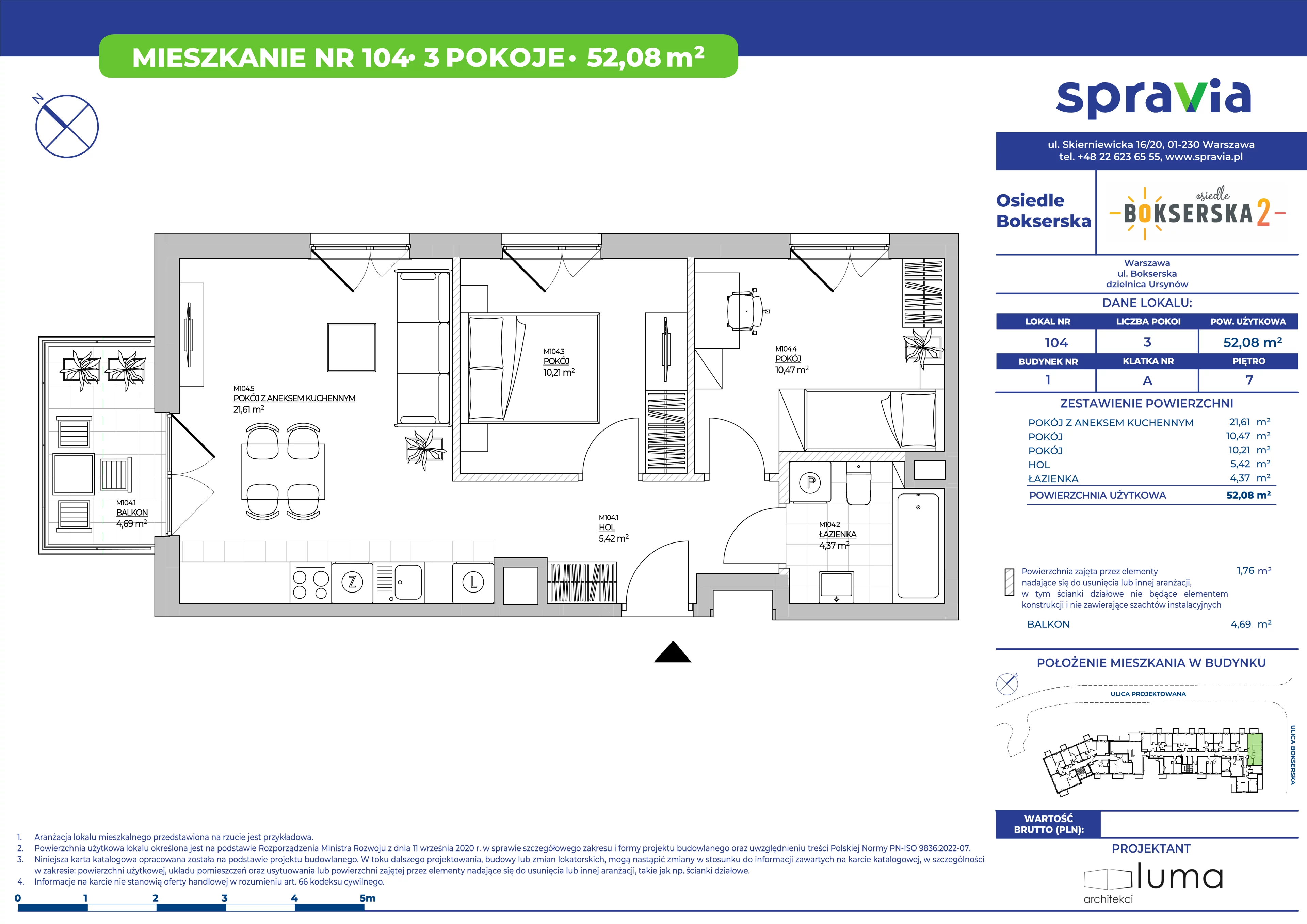 3 pokoje, mieszkanie 52,08 m², piętro 7, oferta nr B1/104, Osiedle Bokserska 2, Warszawa, Ursynów, Wyczółki, ul. Bokserska 73A