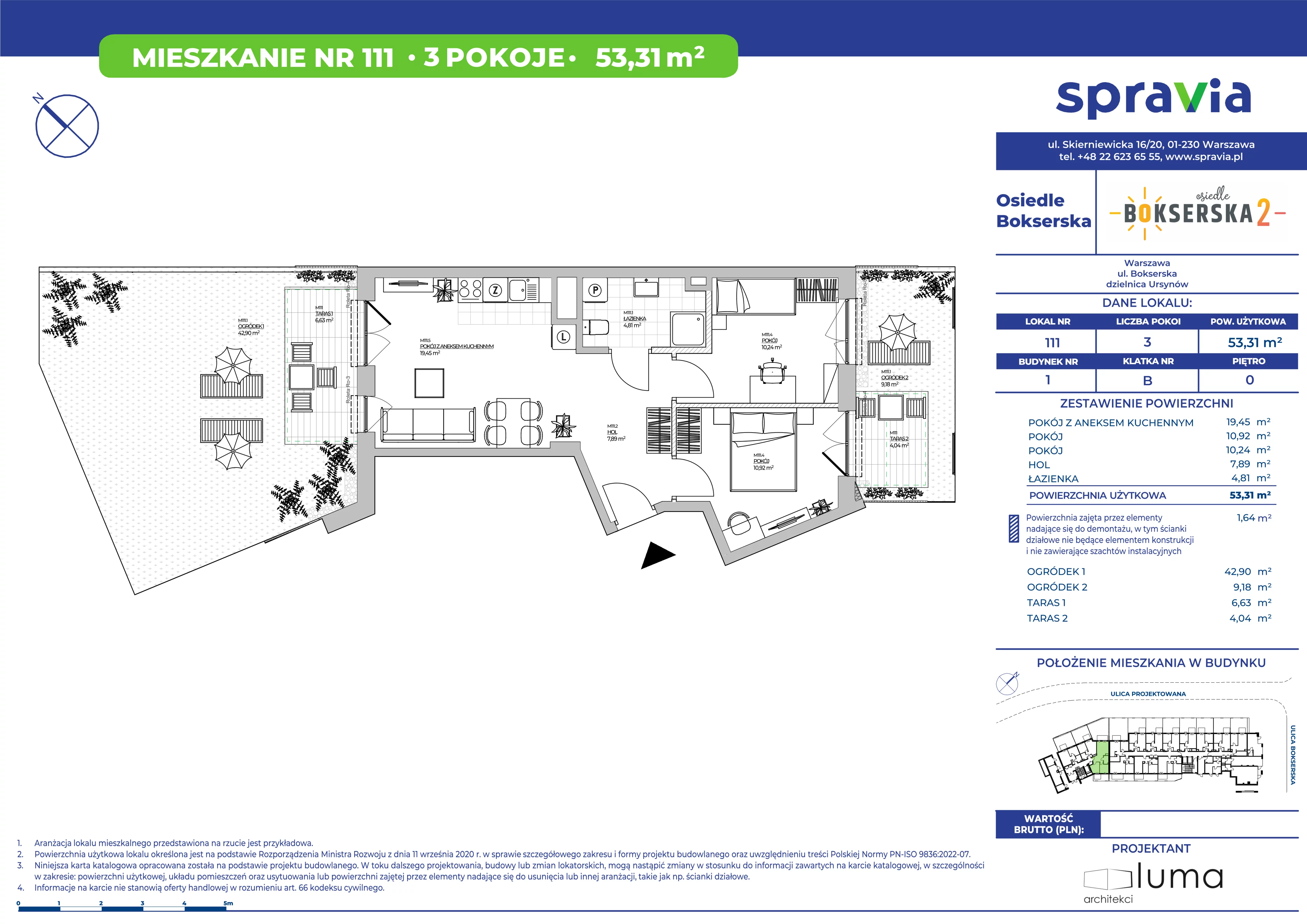3 pokoje, mieszkanie 53,31 m², parter, oferta nr B1/111, Osiedle Bokserska 2, Warszawa, Ursynów, Wyczółki, ul. Bokserska 73A
