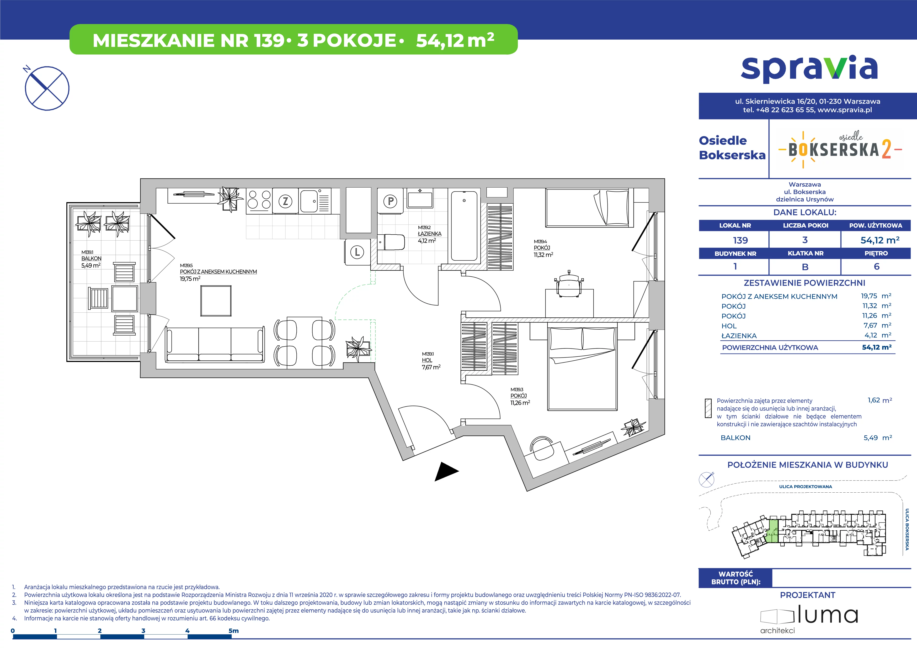 3 pokoje, mieszkanie 54,12 m², piętro 6, oferta nr B1/139, Osiedle Bokserska 2, Warszawa, Ursynów, Wyczółki, ul. Bokserska 73A