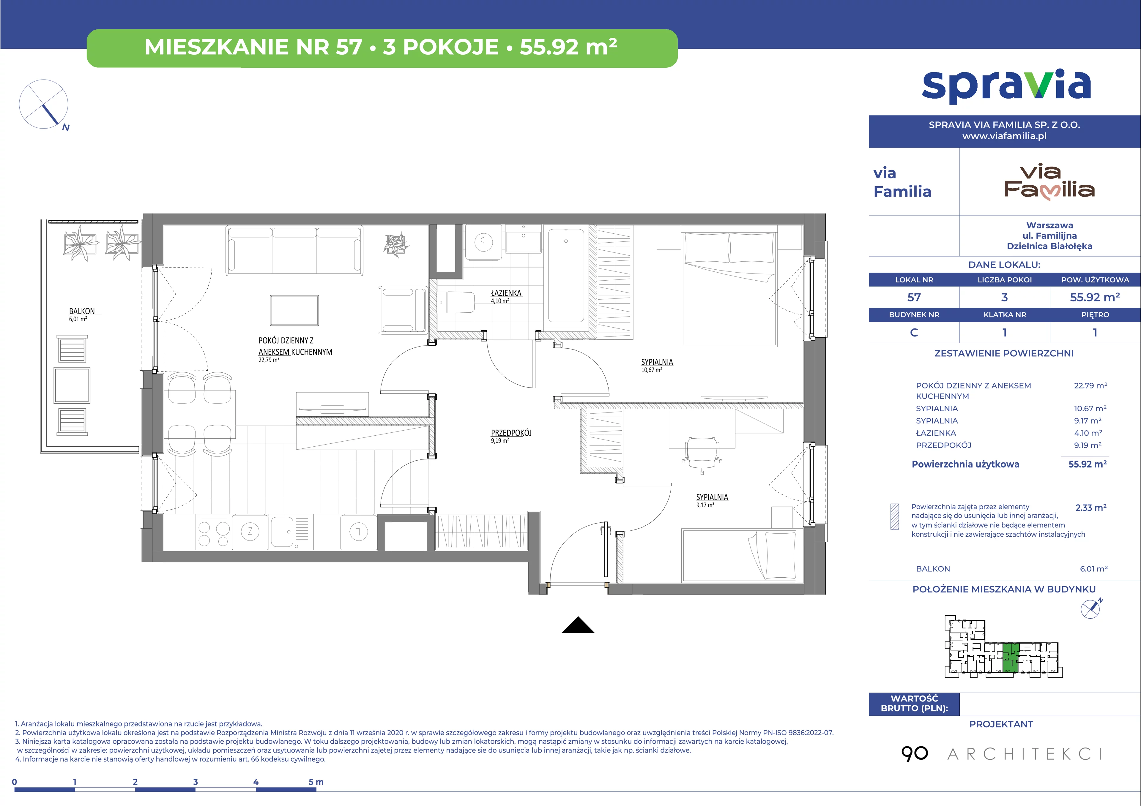 3 pokoje, mieszkanie 55,92 m², piętro 1, oferta nr C/57, Via Familia, Warszawa, Białołęka, Żerań, ul. Familijna 9