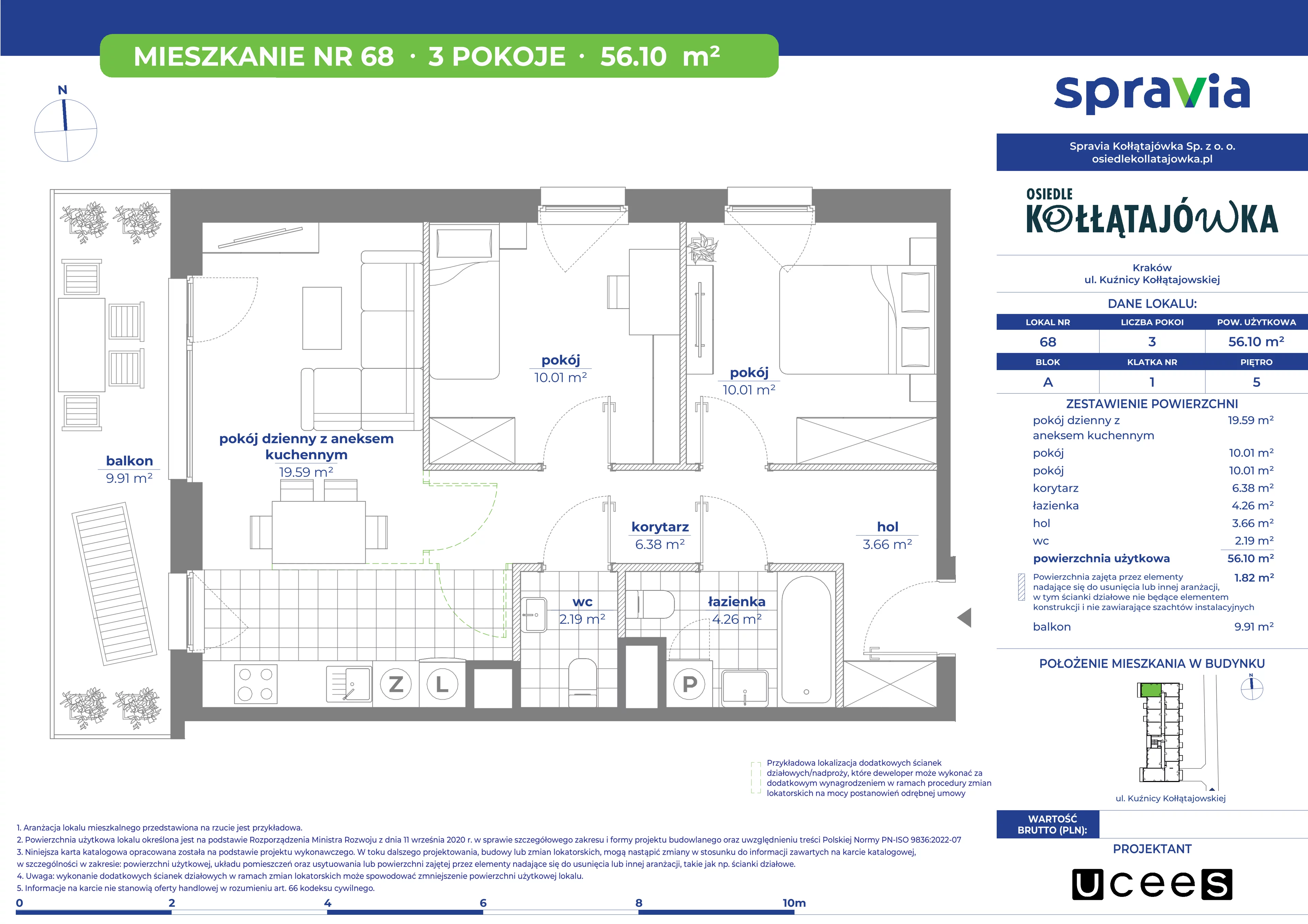 3 pokoje, mieszkanie 56,10 m², piętro 5, oferta nr A/68, Osiedle Kołłątajówka, Kraków, Prądnik Biały, Górka Narodowa, ul. Kuźnicy Kołłątajowskiej