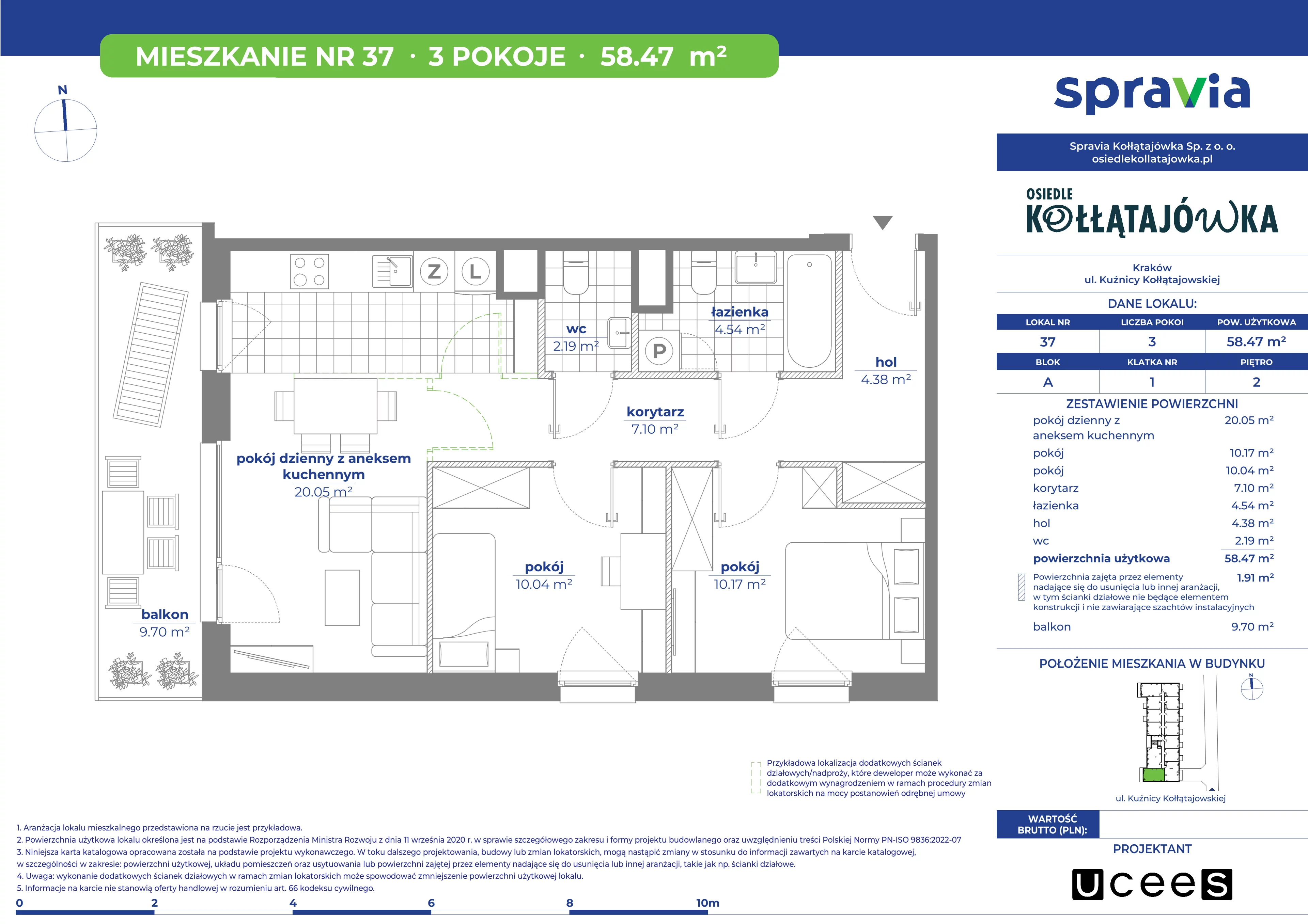 3 pokoje, mieszkanie 58,47 m², piętro 2, oferta nr A/37, Osiedle Kołłątajówka, Kraków, Prądnik Biały, Górka Narodowa, ul. Kuźnicy Kołłątajowskiej