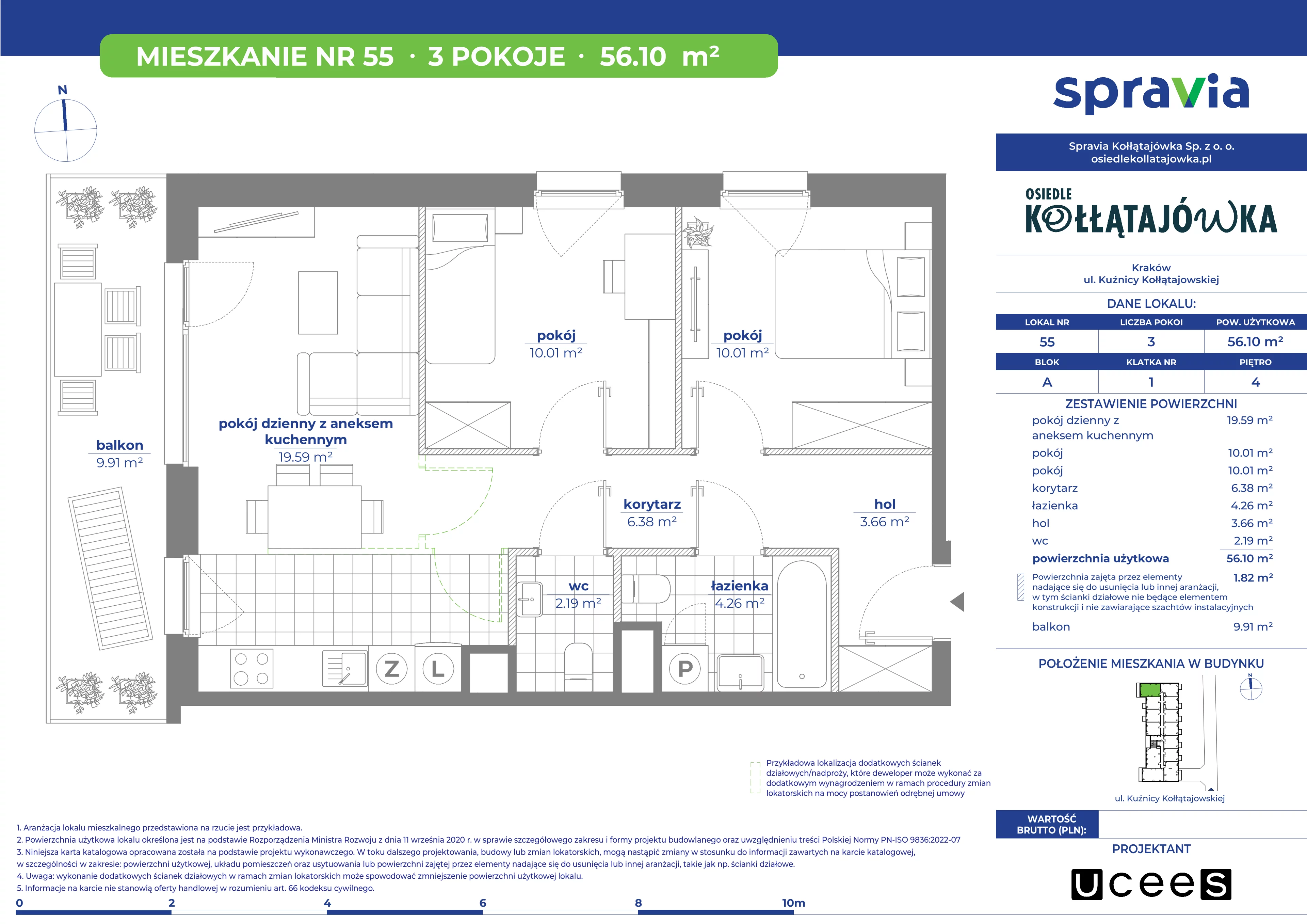3 pokoje, mieszkanie 56,10 m², piętro 4, oferta nr A/55, Osiedle Kołłątajówka, Kraków, Prądnik Biały, Górka Narodowa, ul. Kuźnicy Kołłątajowskiej