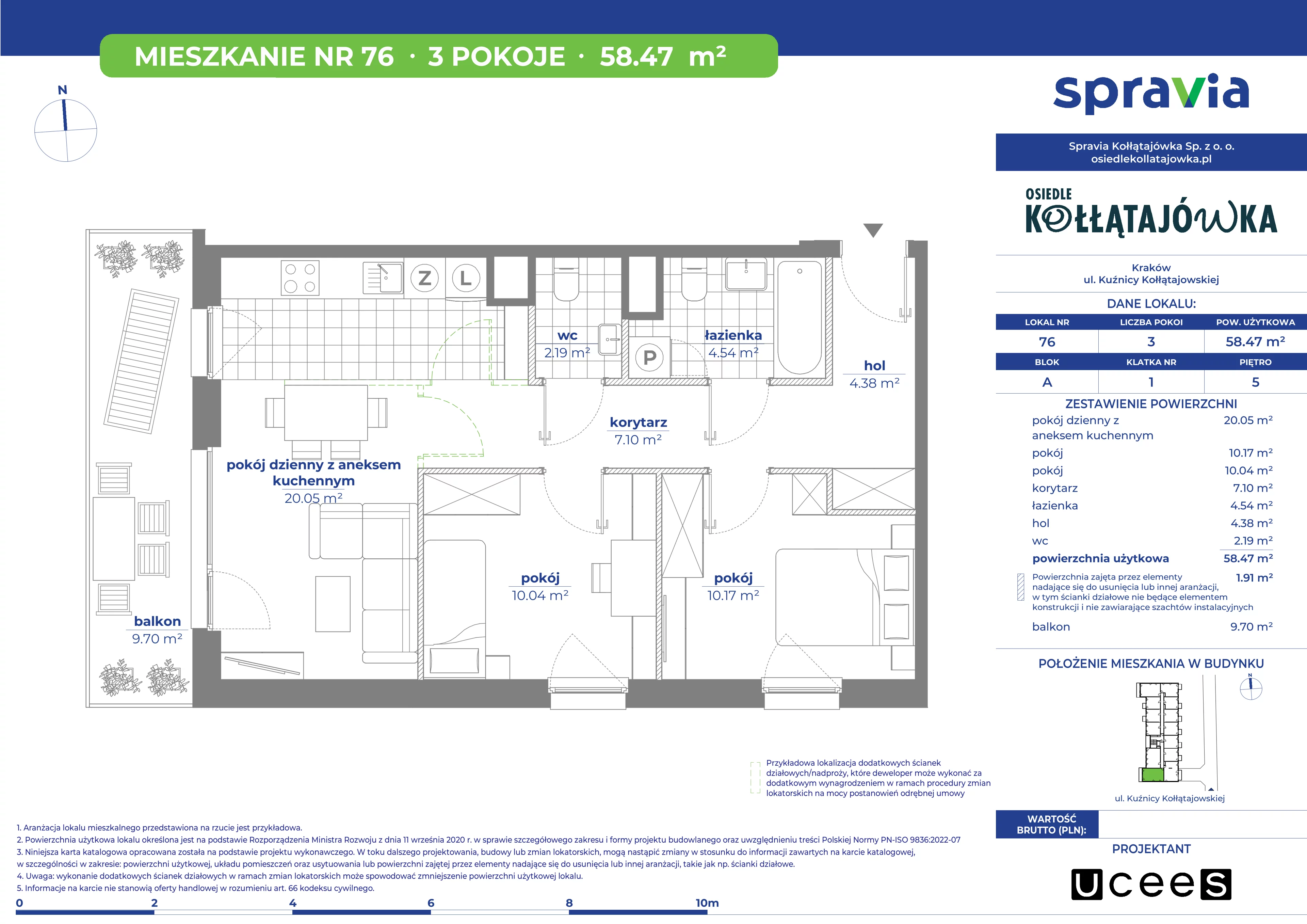 3 pokoje, mieszkanie 58,47 m², piętro 5, oferta nr A/76, Osiedle Kołłątajówka, Kraków, Prądnik Biały, Górka Narodowa, ul. Kuźnicy Kołłątajowskiej
