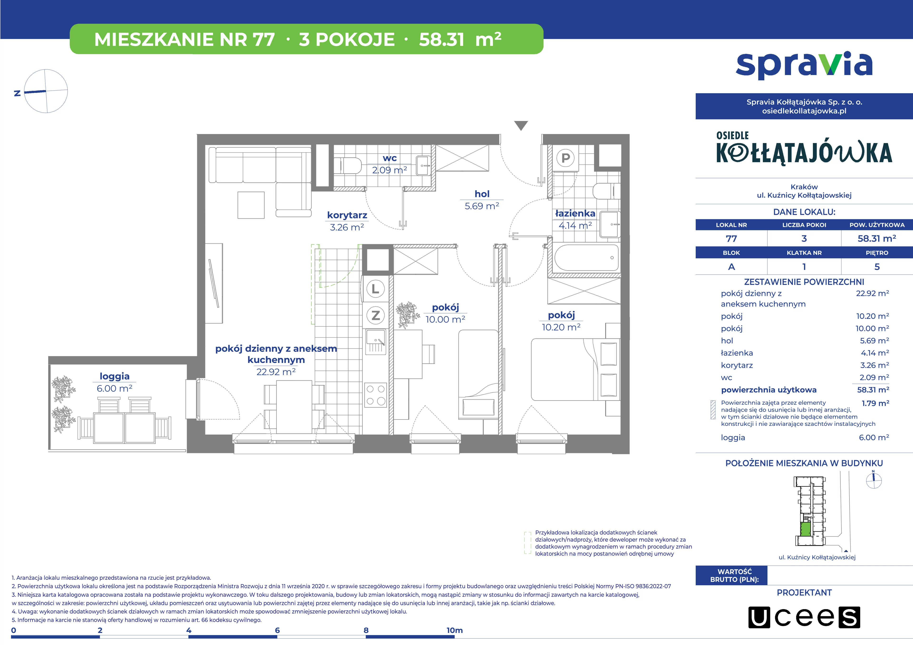 3 pokoje, mieszkanie 58,31 m², piętro 5, oferta nr A/77, Osiedle Kołłątajówka, Kraków, Prądnik Biały, Górka Narodowa, ul. Kuźnicy Kołłątajowskiej