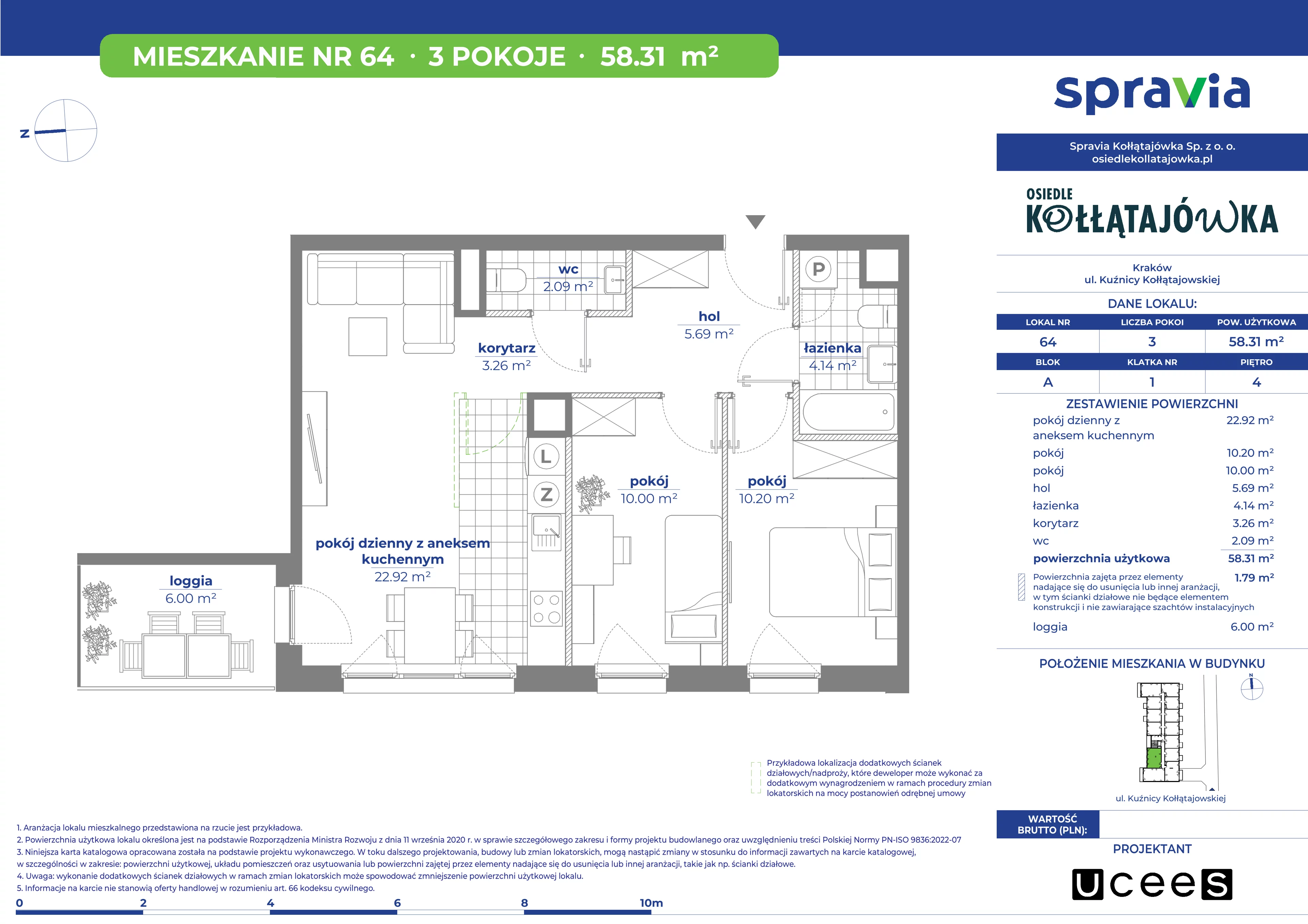 3 pokoje, mieszkanie 58,31 m², piętro 4, oferta nr A/64, Osiedle Kołłątajówka, Kraków, Prądnik Biały, Górka Narodowa, ul. Kuźnicy Kołłątajowskiej