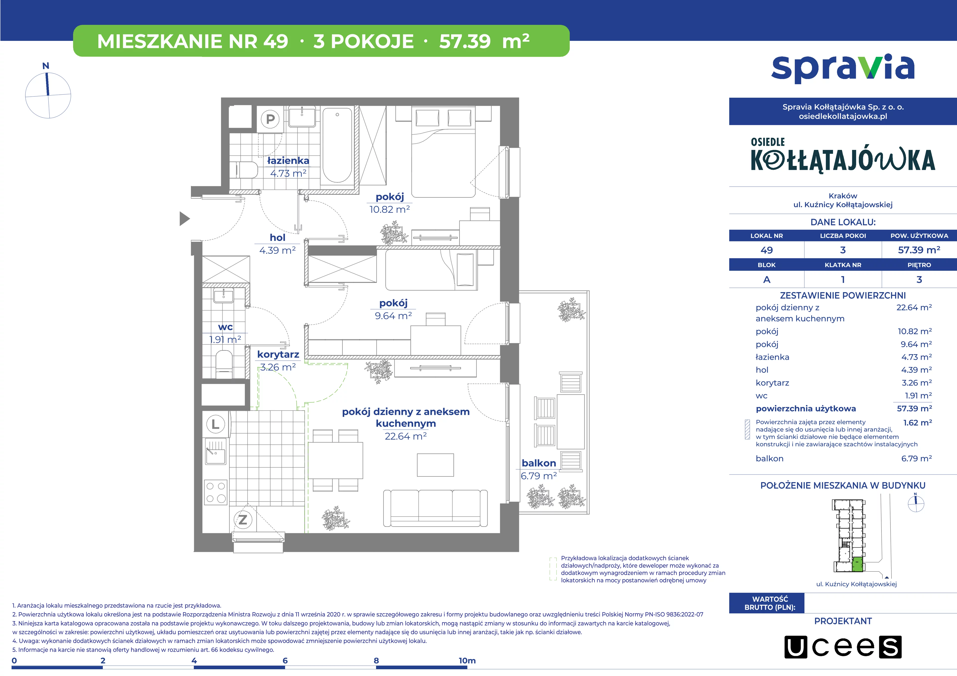 3 pokoje, mieszkanie 57,39 m², piętro 3, oferta nr A/49, Osiedle Kołłątajówka, Kraków, Prądnik Biały, Górka Narodowa, ul. Kuźnicy Kołłątajowskiej