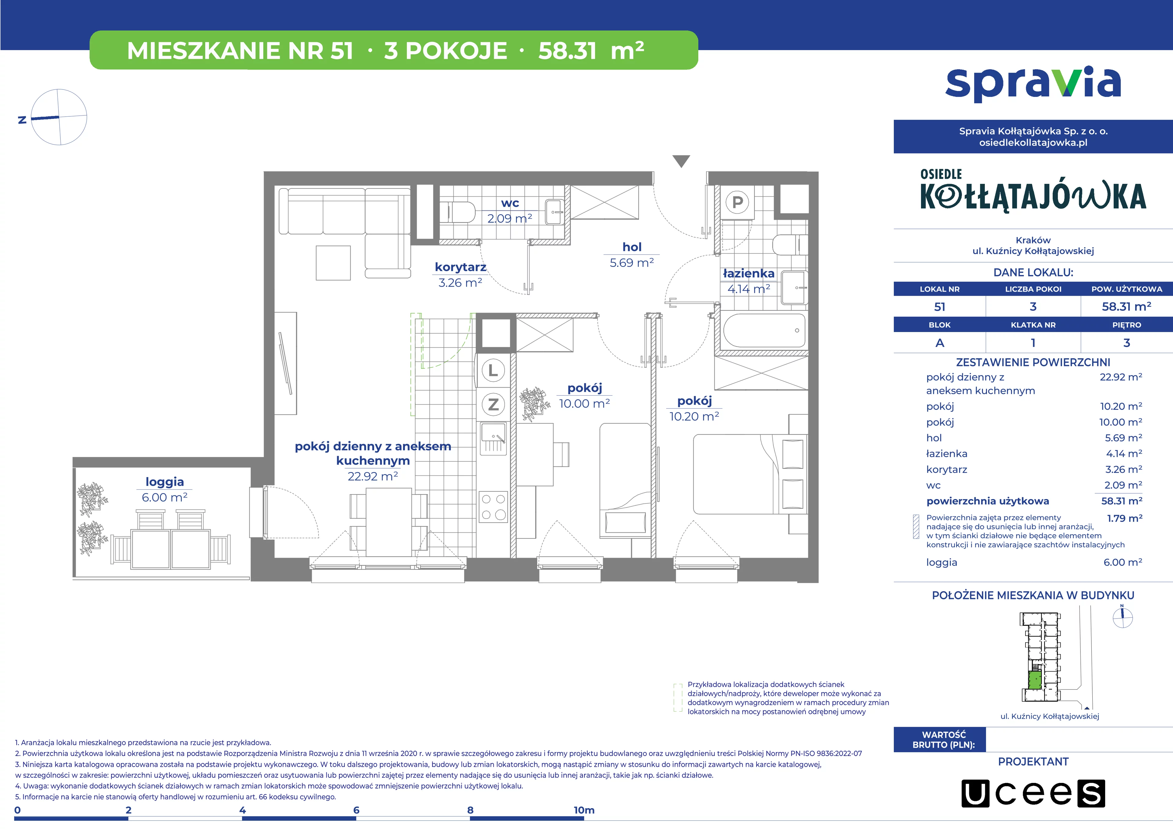 3 pokoje, mieszkanie 58,31 m², piętro 3, oferta nr A/51, Osiedle Kołłątajówka, Kraków, Prądnik Biały, Górka Narodowa, ul. Kuźnicy Kołłątajowskiej