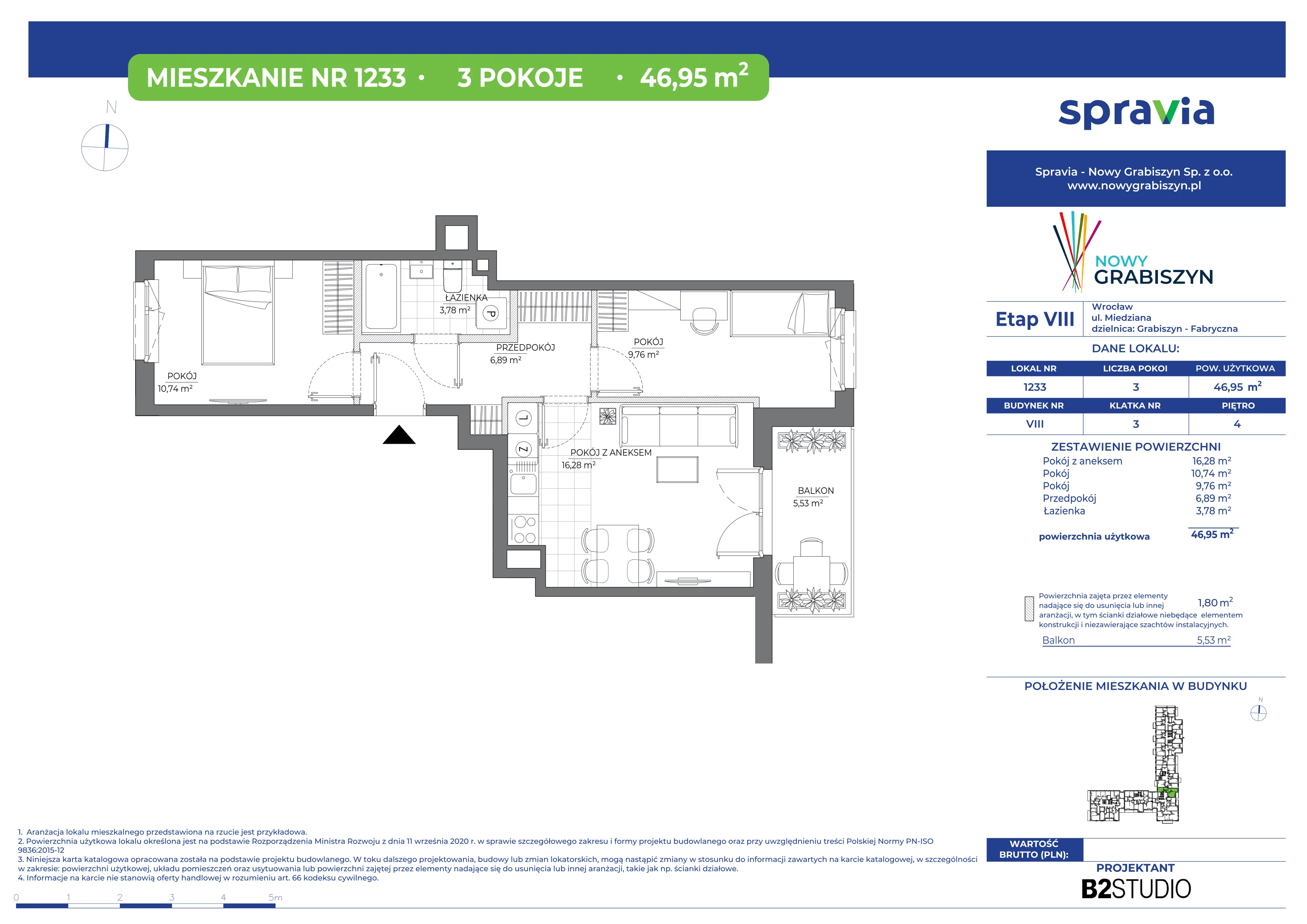 3 pokoje, mieszkanie 47,45 m², piętro 4, oferta nr 8/1233, Nowy Grabiszyn 8, Wrocław, Grabiszyn-Grabiszynek, Fabryczna, ul. Miedziana