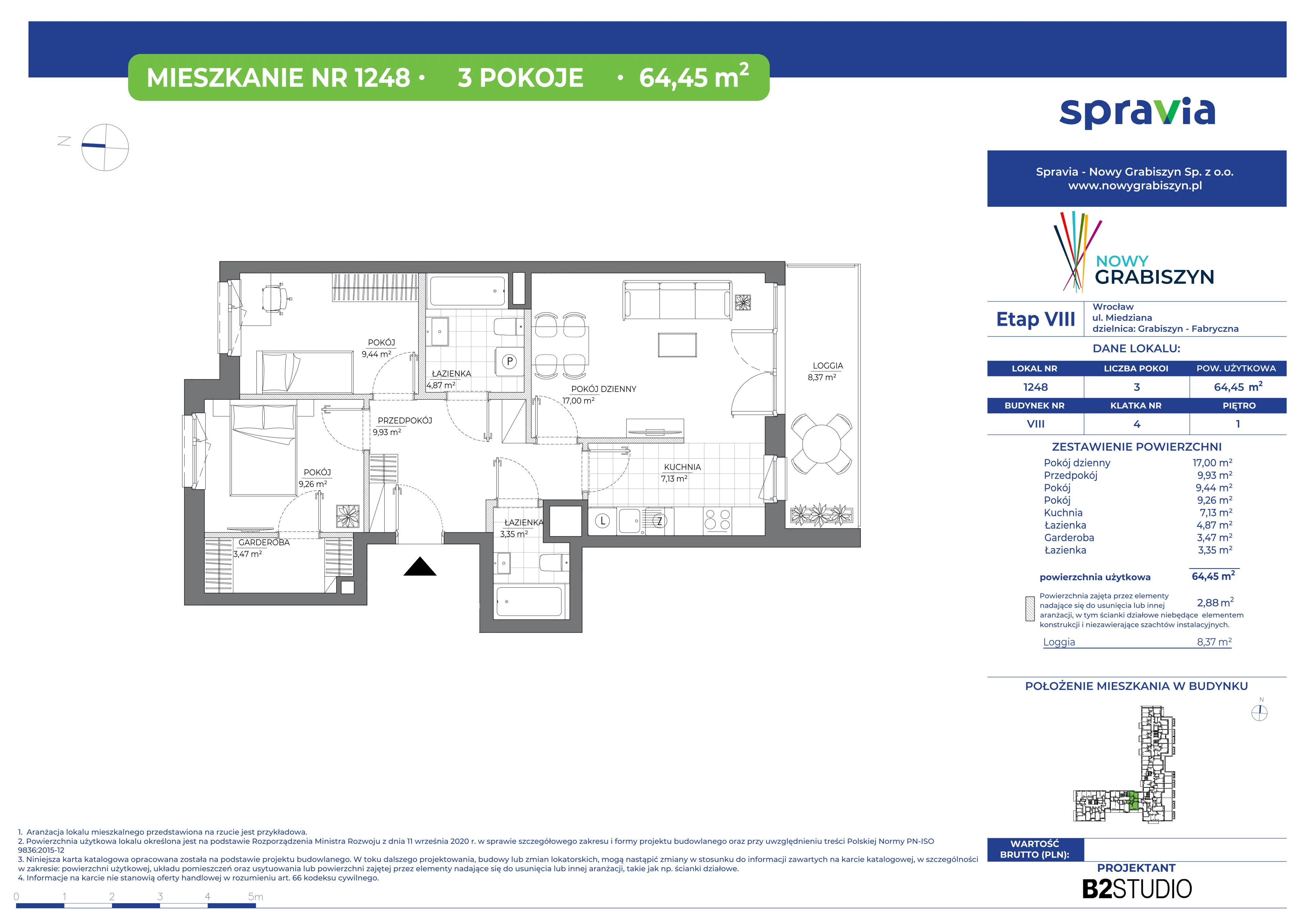 3 pokoje, mieszkanie 64,45 m², piętro 1, oferta nr 8/1248, Nowy Grabiszyn 8, Wrocław, Grabiszyn-Grabiszynek, Fabryczna, ul. Miedziana